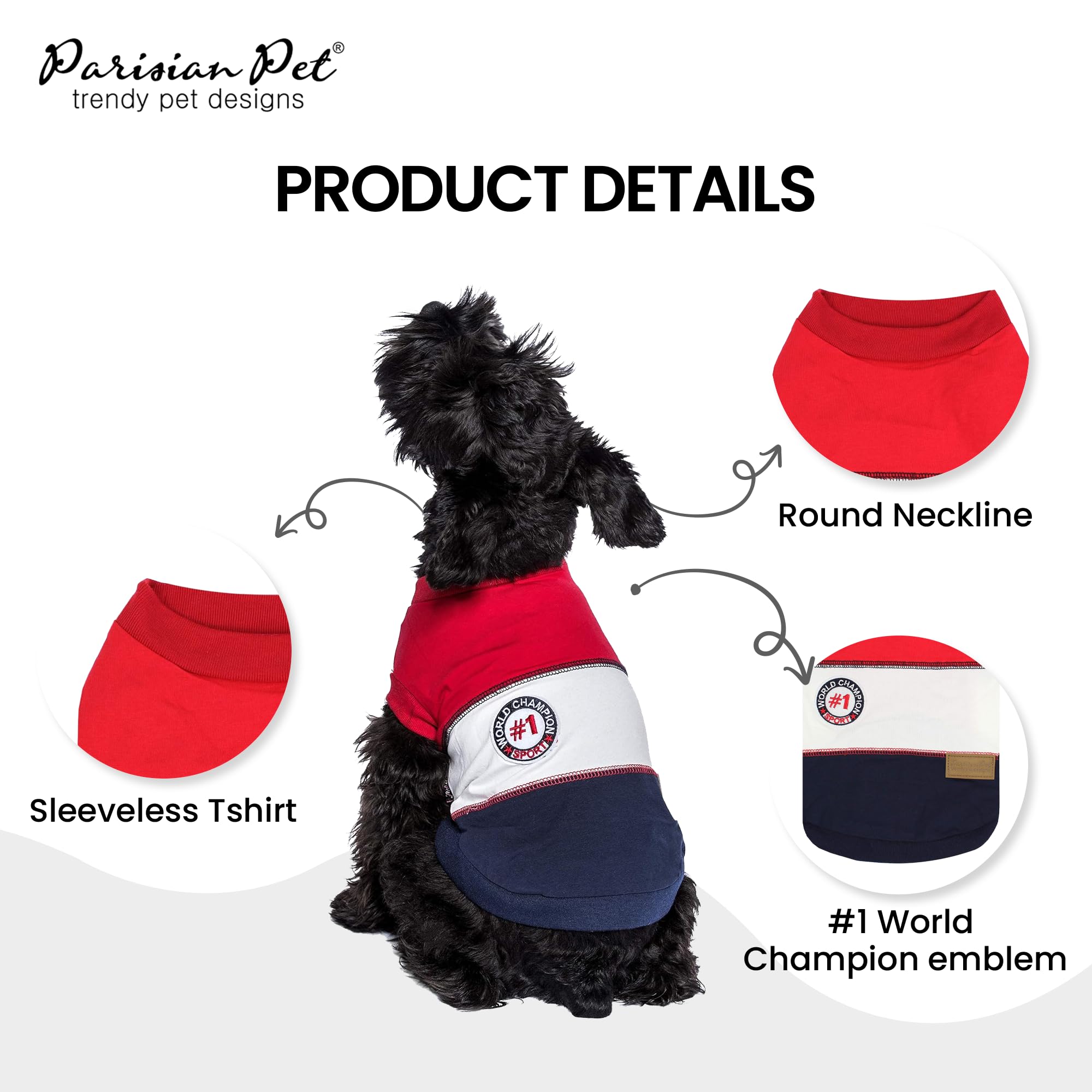 Parisian Pet 'Worlds Champion' Embroidered Dog Shirt - Lightweight Sleeveless Color Block Tee - Machine Washable For Medium Dogs