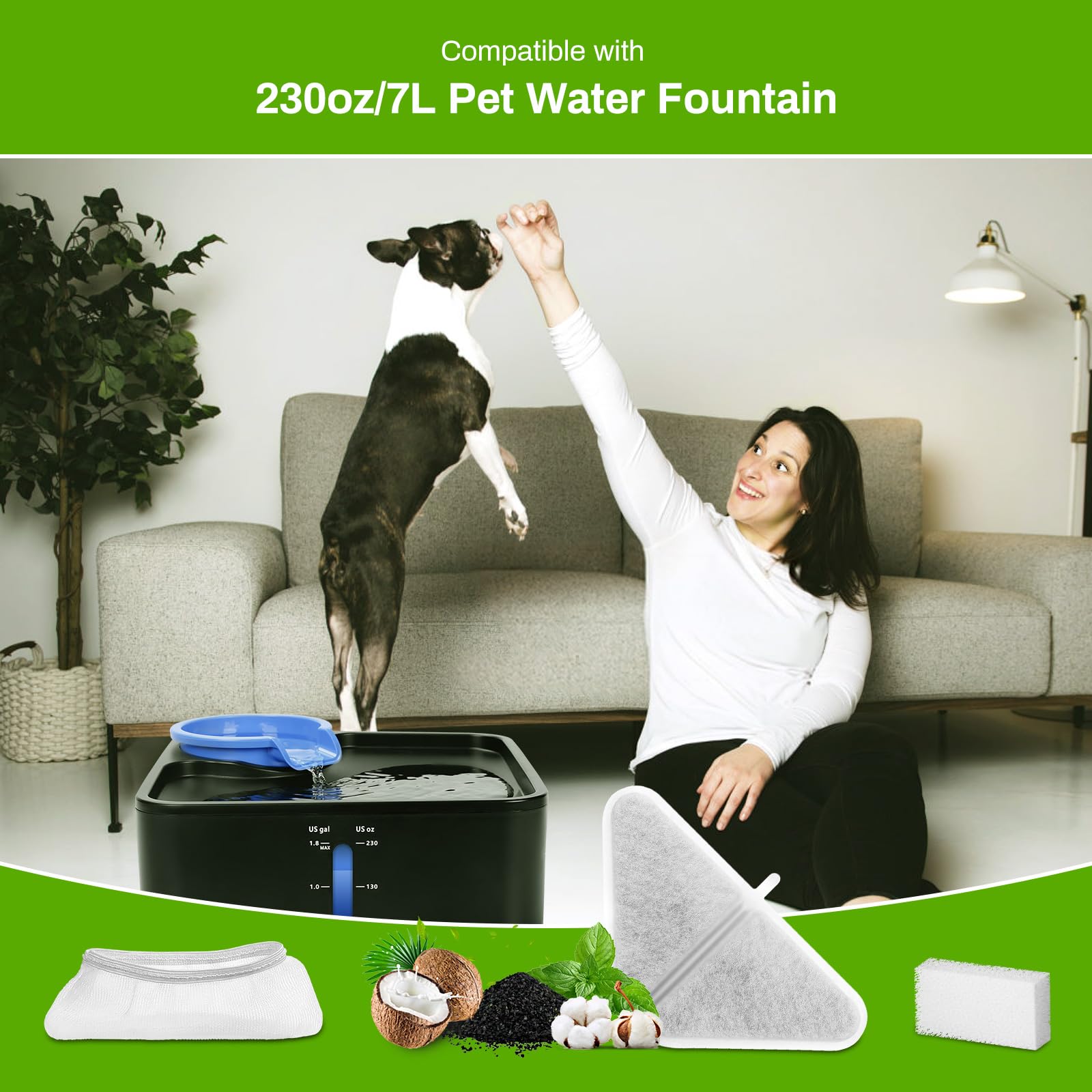 12 Pack Replacement Filters for 230oz Dog Water Fountain, Water Fountain Filter Replacement for 5 Layers Filtration System 7L Pe