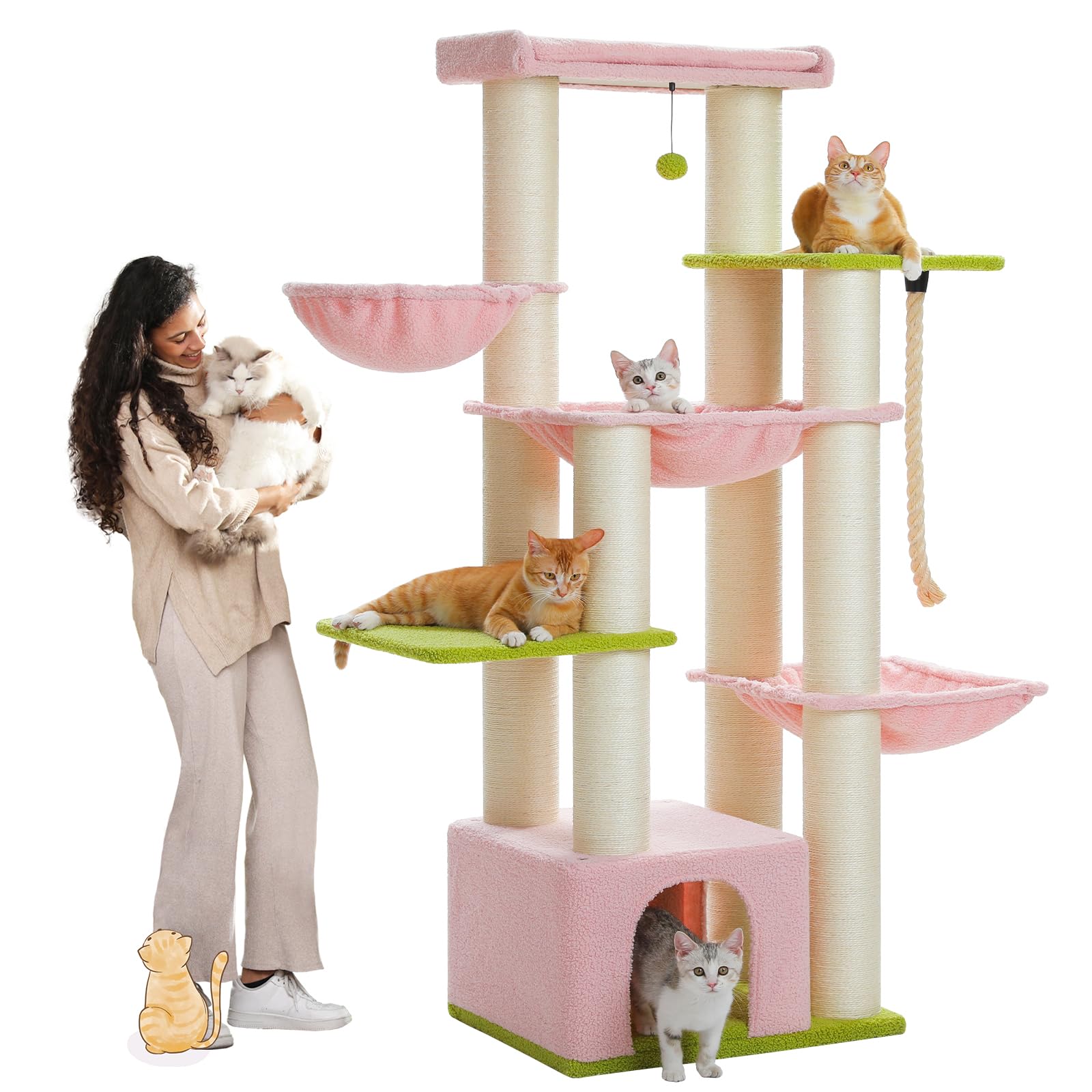 Muttros Pink Cat Tree For Large Cats 20 Lbs, 67-Inch Tall Heavy Duty Cat Tower With 13 Thick Sisal Scratching Posts (F4.3), Main