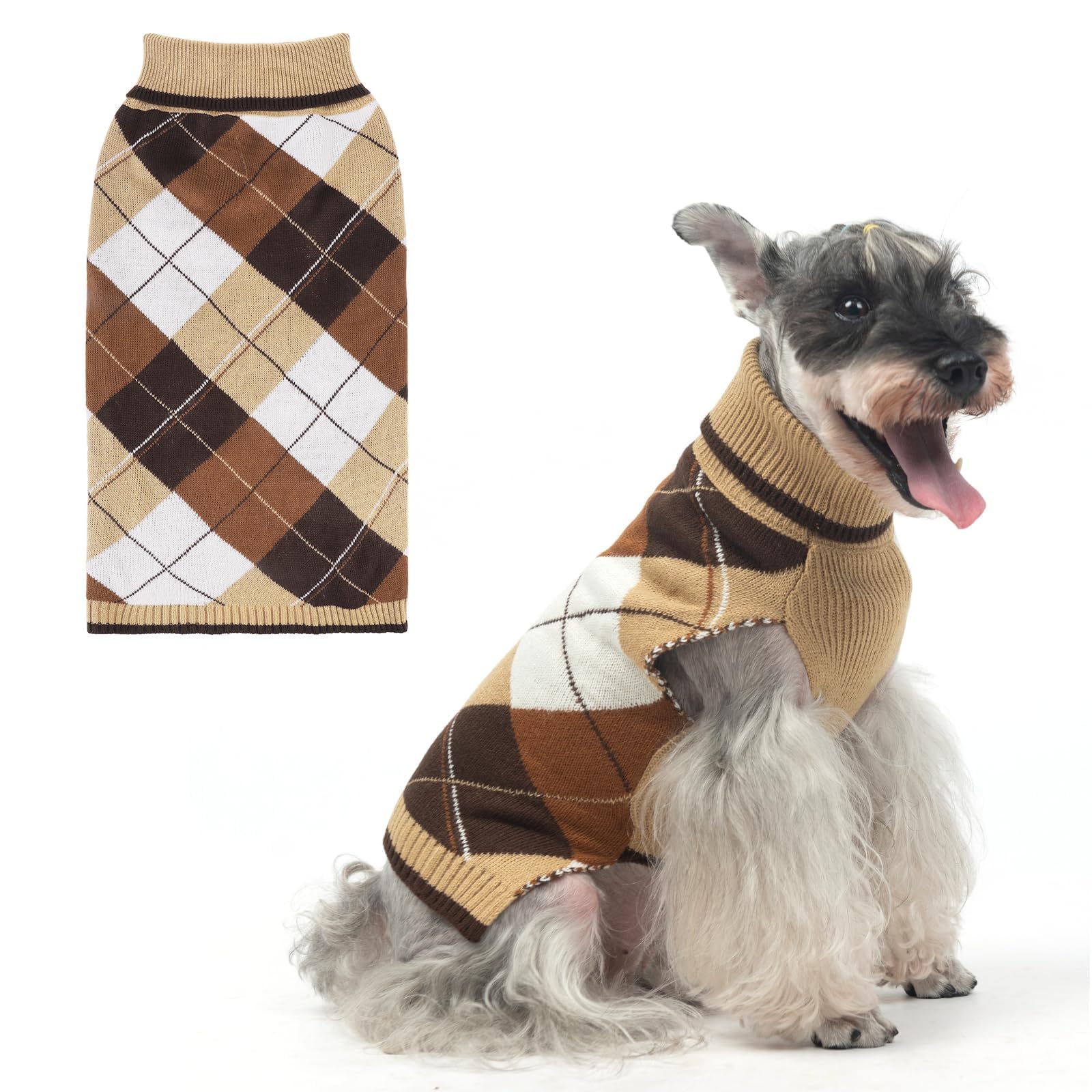 KOOLTAIL Dog Sweater Pet Knitted Clothes - Classic Plaid Pullover Turtleneck Thick Warm Fall Dog Sweaters with Leash Hole, Soft 