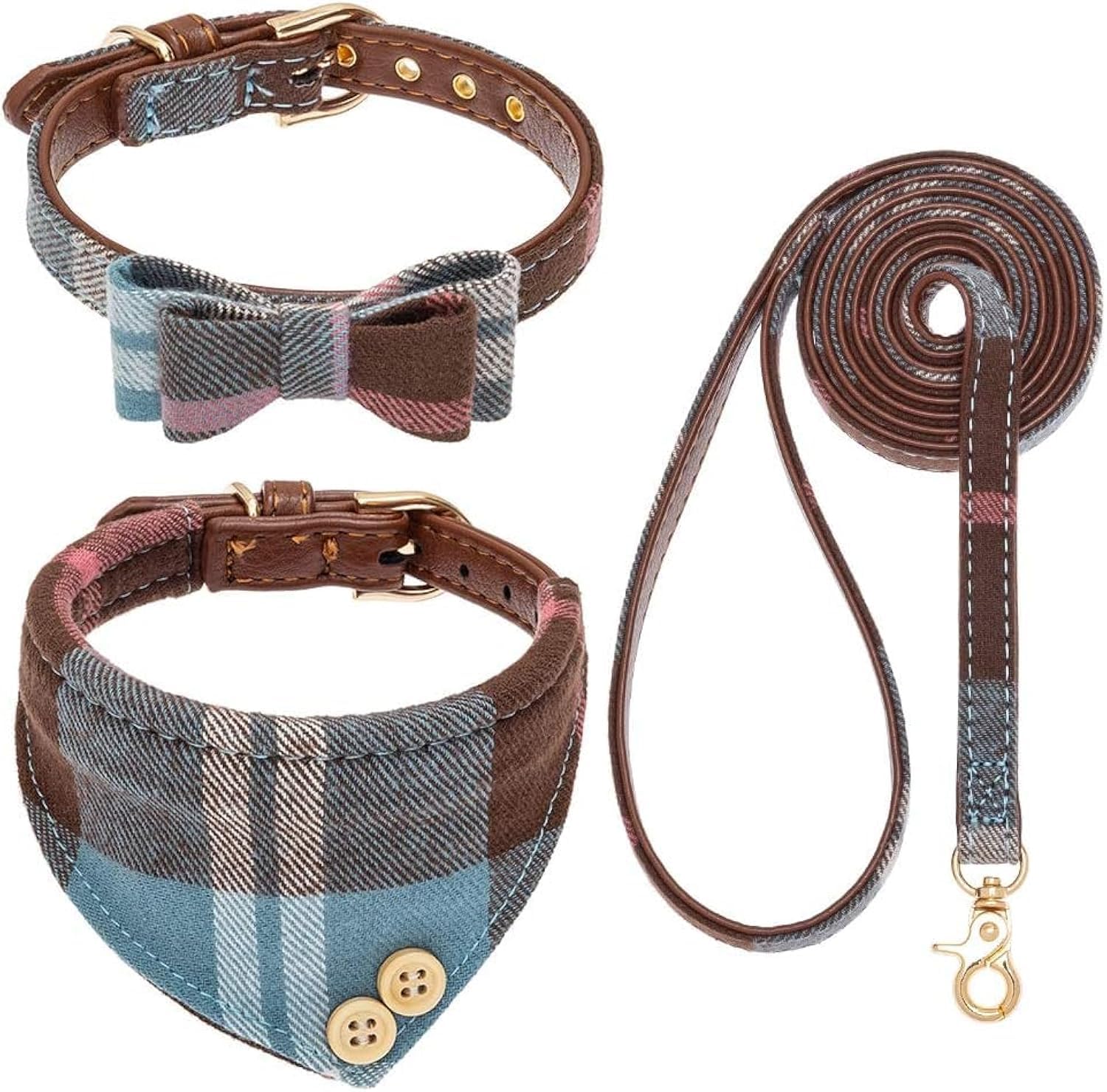 Expawlorer Dog Leash And Collar Set - Cute Plaid Dog Bow Tie And Dog Bandana Collar, Dog Leash Tangle Free, Adjustable Collars F