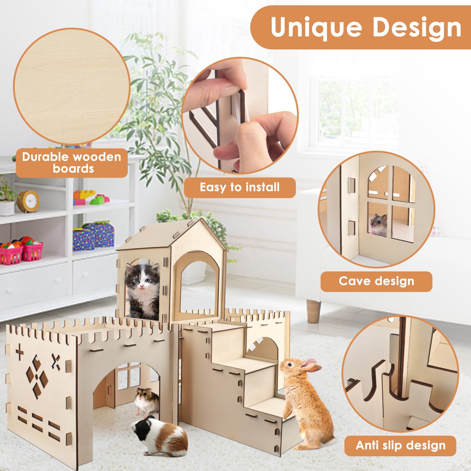 Bissap Wooden Rabbit Hideout Castle, Extra Large Bunny Houses And Hideouts Indoor Outdoor Rabbit Hidey Habitat For Bunnies Chinc