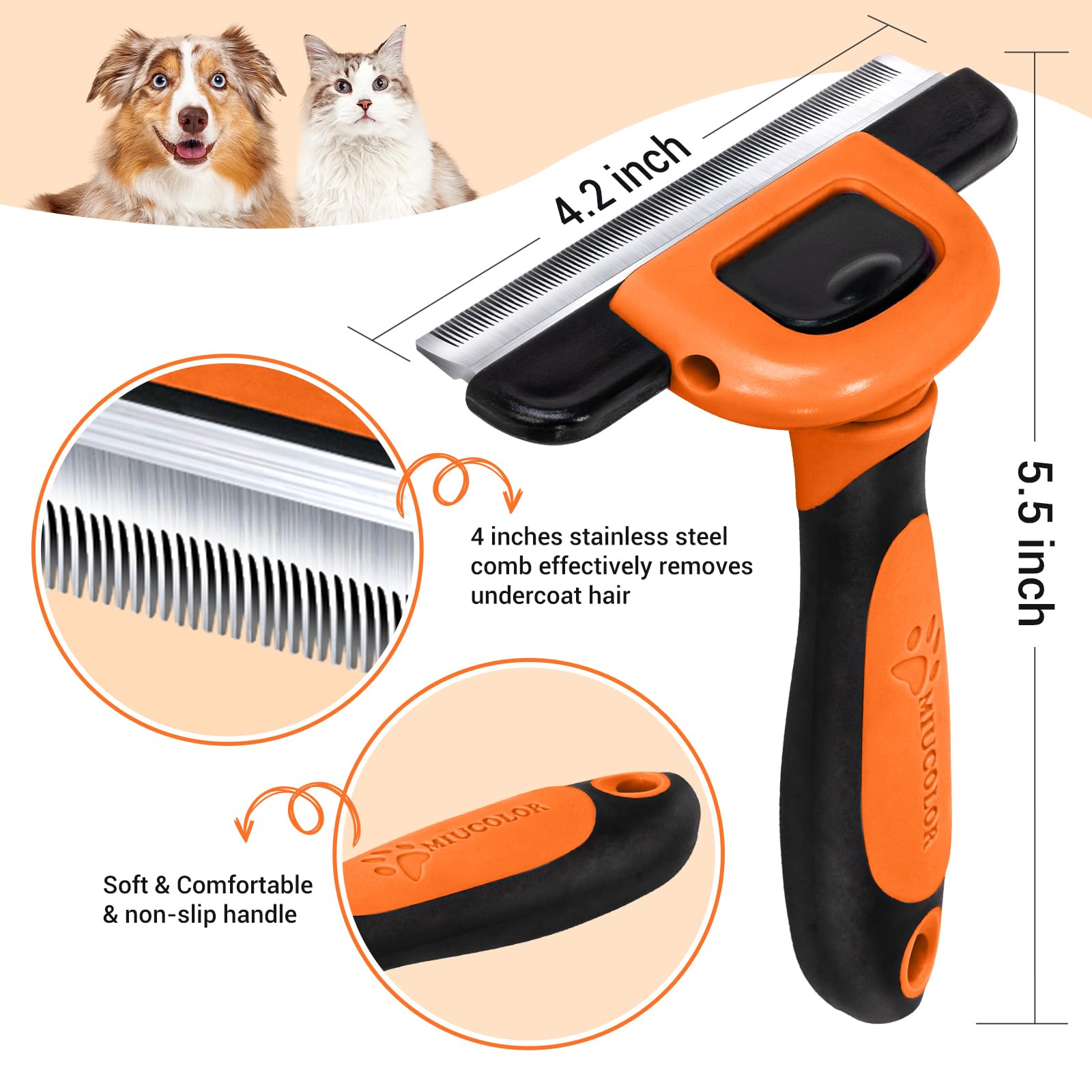 Miu Color Pet Grooming Brush, Deshedding Tool For Dogs & Cats, Effectively Reduces Shedding By Up To 95% For Short Medium And Long Pet Hair, Orange