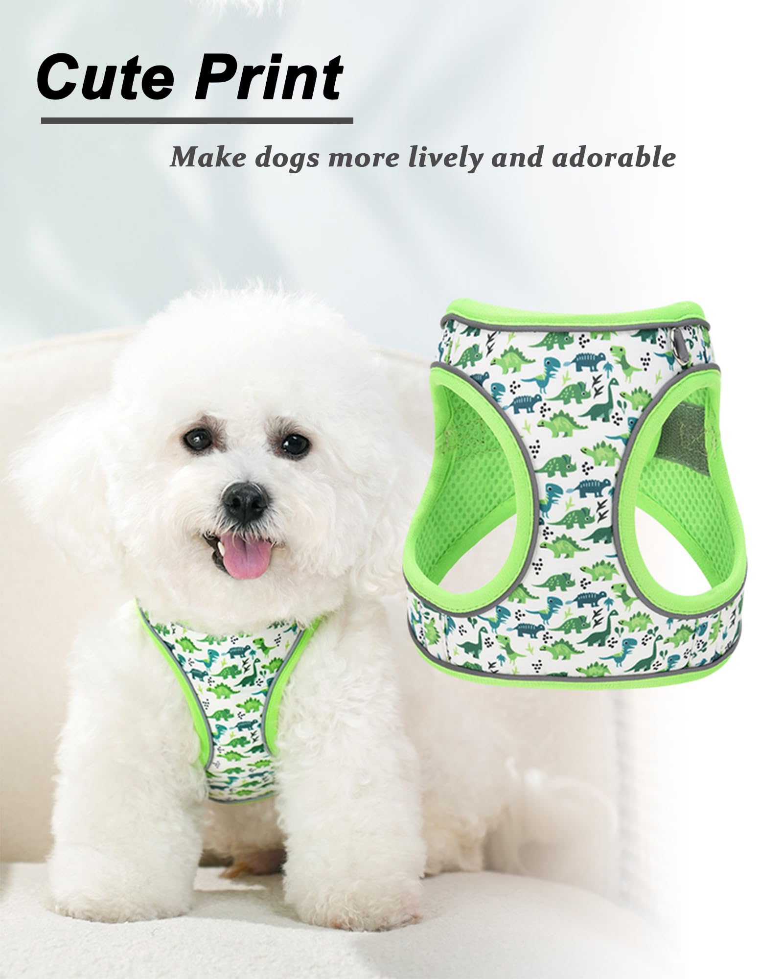 JUFOO XXS Green Dinosaur Pattern Dog Harness and Leash Set,No Escape Easy Walk Puppy Harnesses for Training Walking,Breathable A