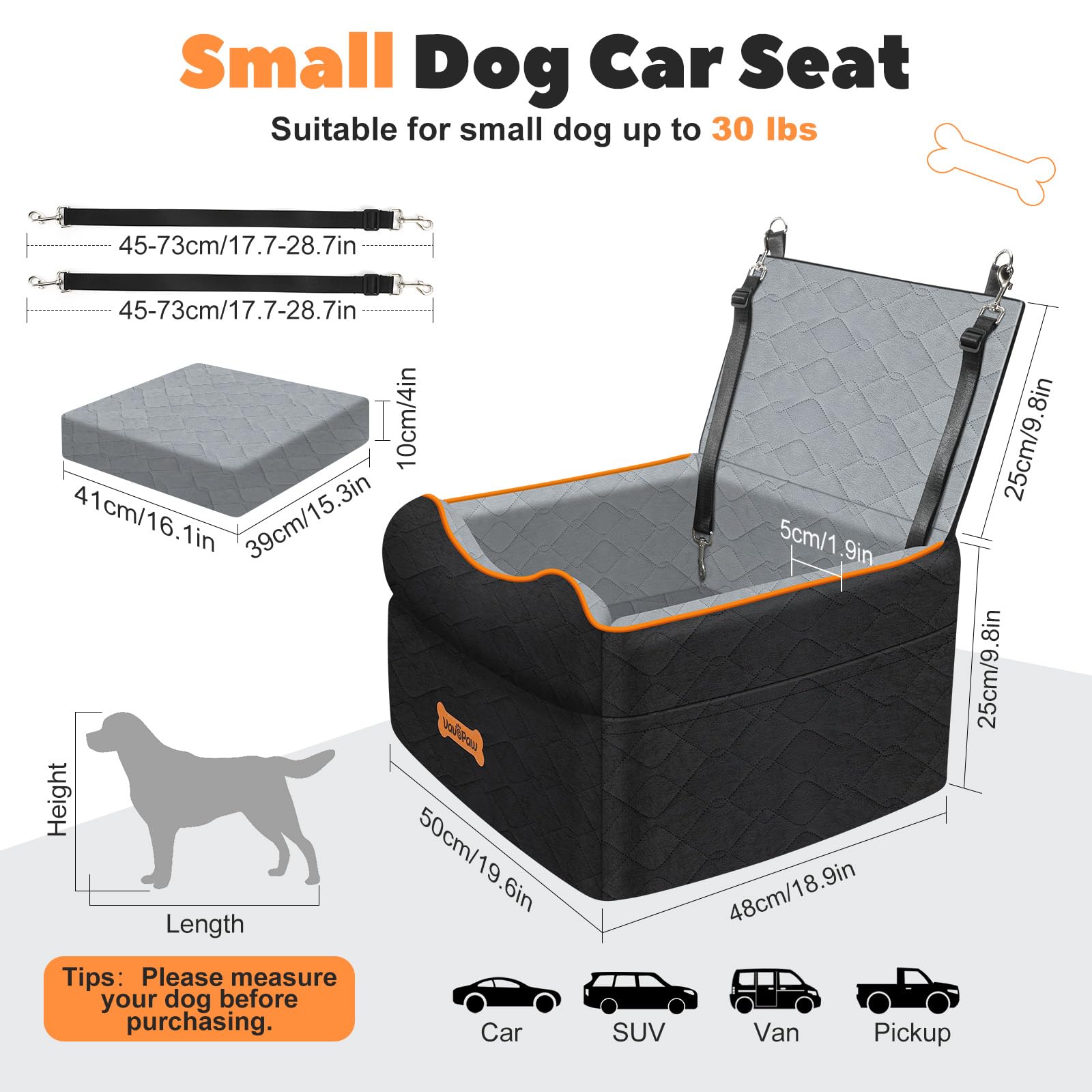 VavoPaw Small Dog Car Seat, Waterproof Dog Booster Seat with Thick Cushion & Safety Leash, Removable Car Back Seat Bed for 1 Sma