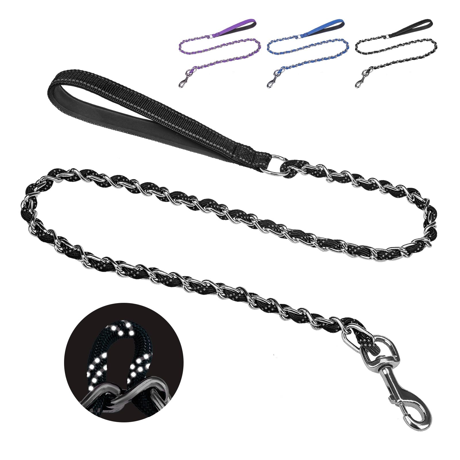 Homimp Heavy Duty Dog Leash - Chew Proof 4 Ft, Reflective, Metal Training Leash With Soft Padded Handle, Strong Rope For Night W