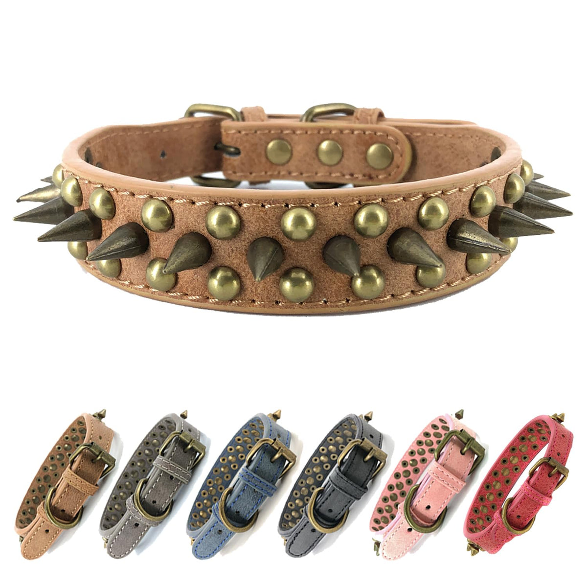 Spiked Studded Dog Collar-Bronze Pointed Stud Anti-Bite Collar (Brown,Xs)