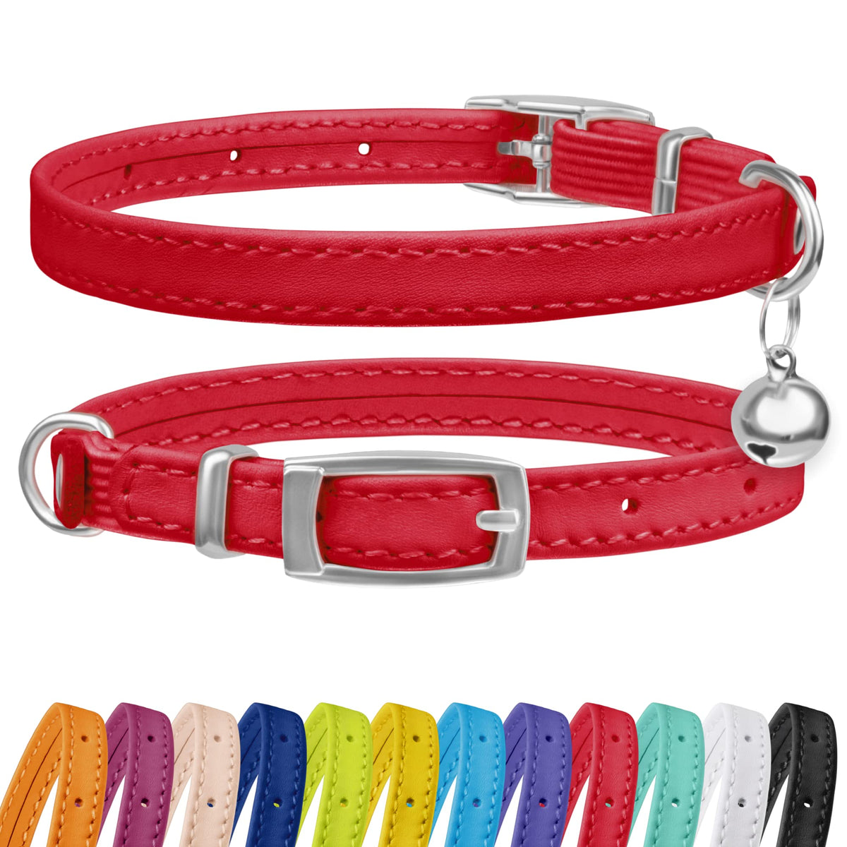 Collardirect Leather Cat Collar With Bell - Kitten Collar, Small And Big Cat Collar For Boy Cats, Girl Cats With Safety Elastic Strap (Neck Fit 6'-7', Red)