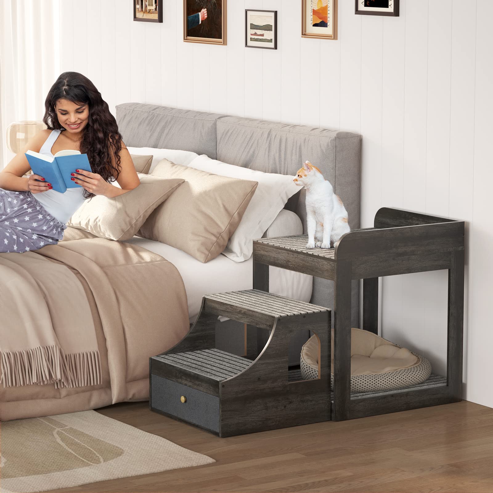 Cyclysio Super Large Multi-Level Pet Bunk Bed With Stairs, Mats, Drawers For Indoor Use, Grey