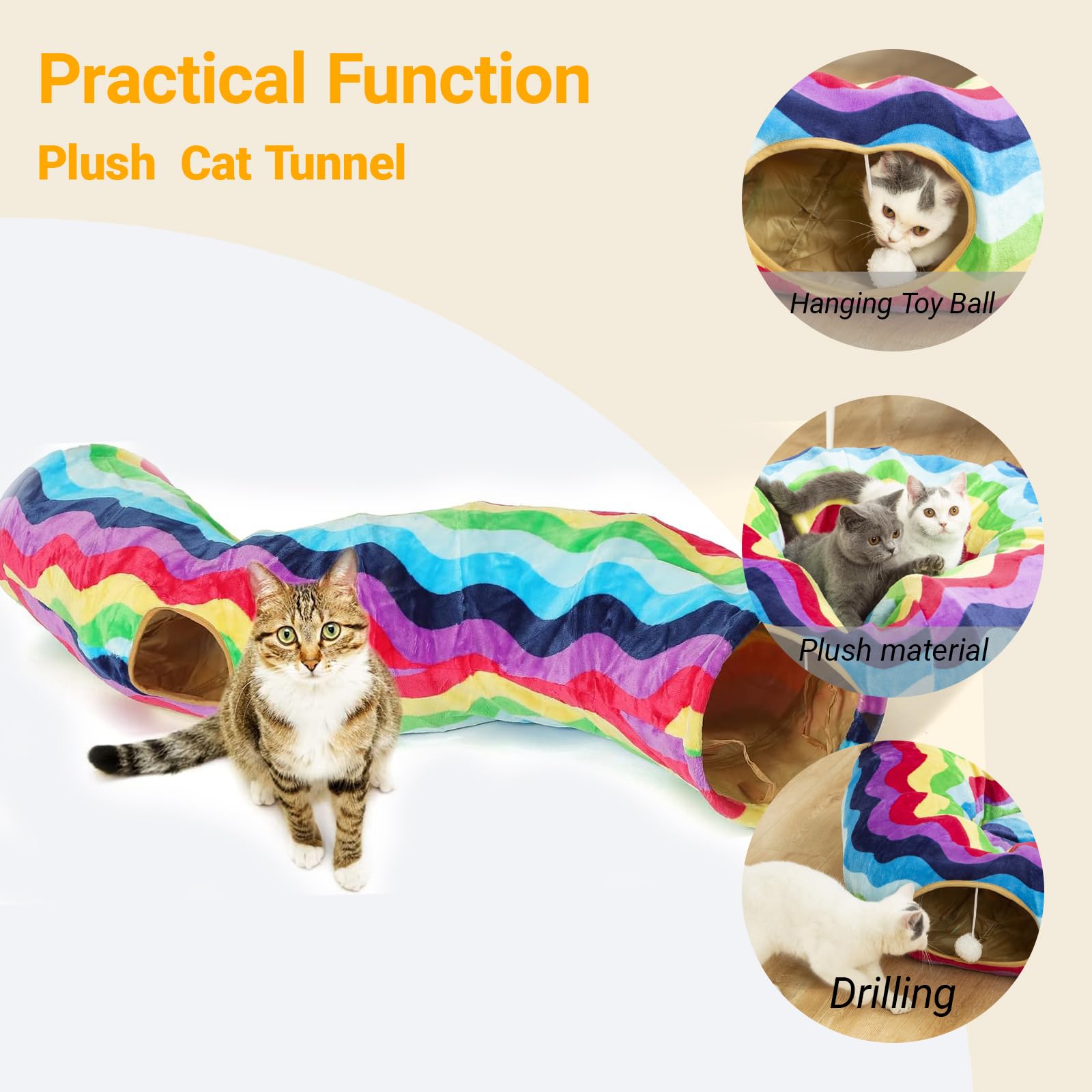 Luckitty Cat Tunnel - S-Shaped, Rainbow Wave Color, Soft Velvet Exterior, Oxford Fabric Fog-Proof Interior, Plush Toy Ball, Easi
