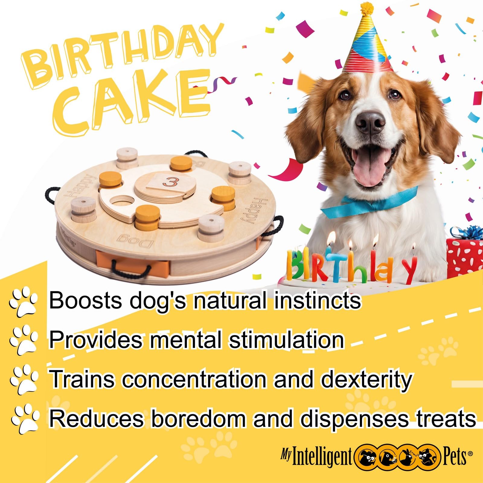 My Intelligent Dogs Birthday Cake - Dog Puzzle Toy, Interactive Wooden Brain Game for Dogs, Mental Enrichment Toy, Enhances Natu