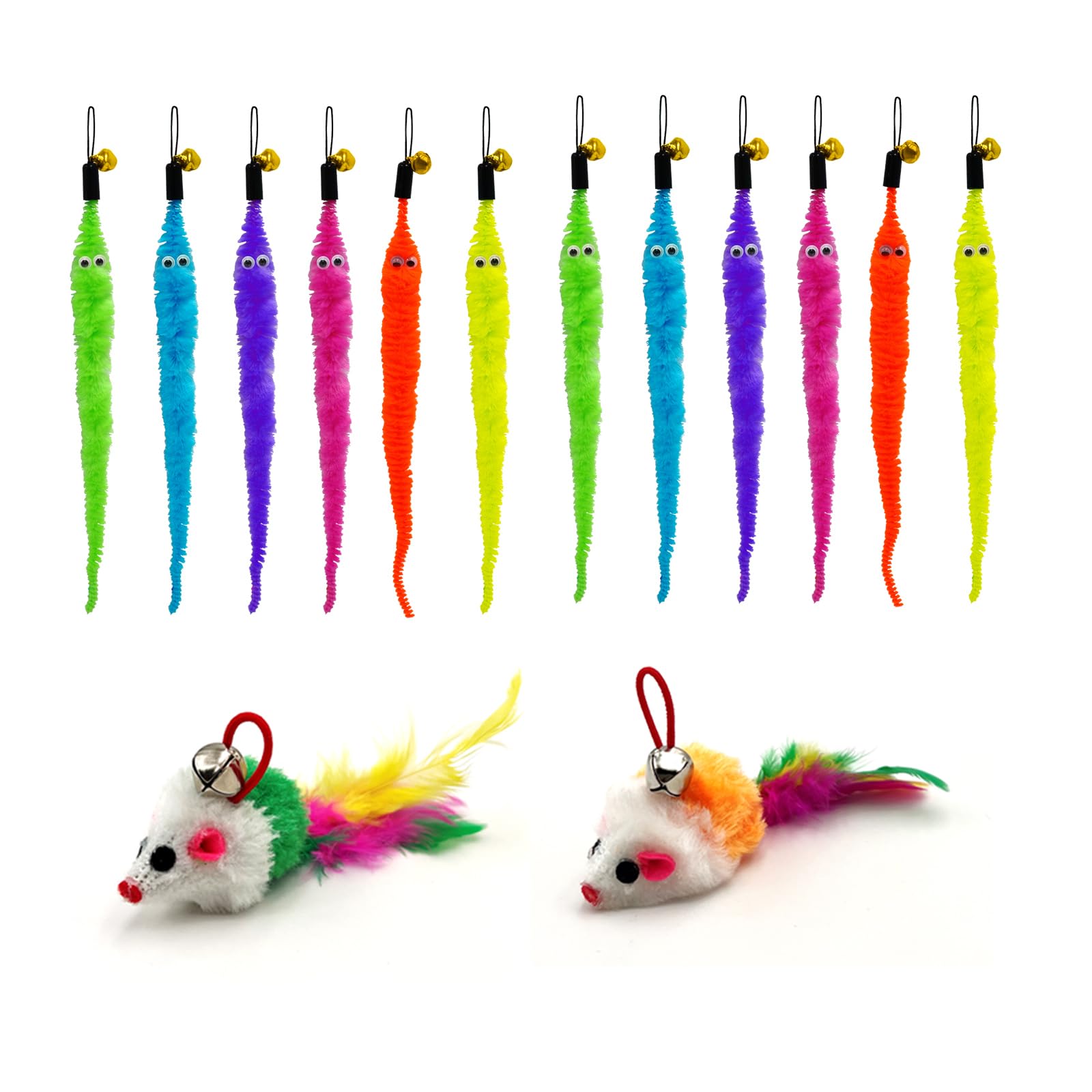 Rosaui 14Pcs Cat Feather Toys Refills Cat Wand Toy Replacement Colorful Worns Attachments, Cat Mouse Toys Refills, Cat Fishing P