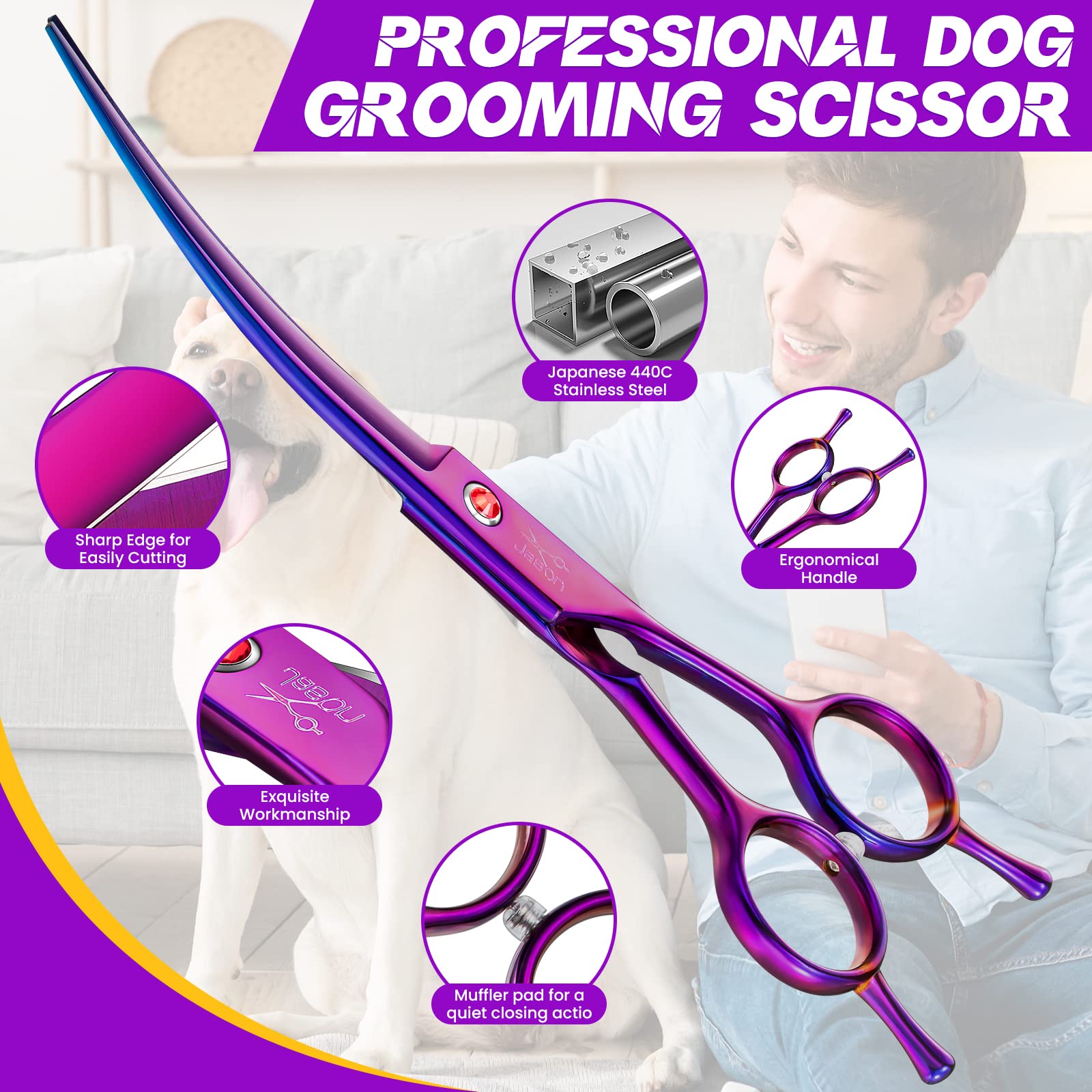 JASON Curved Shears for Dogs - 7.5'' Pet Grooming Scissors with Ergonomic Handle Japanese Stainless Steel Trimming Scissor for D