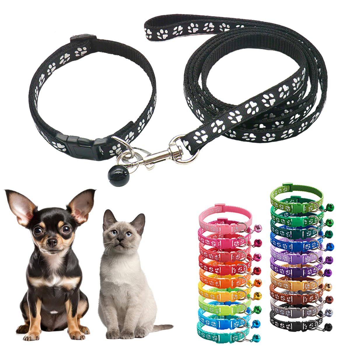 Xxs Dog Collar And Leash Set With Bell,Black Nylon Paw Cat Collar Girl Female Cute Fancy Puppy Collar With Bells For Xxs Xs Tiny