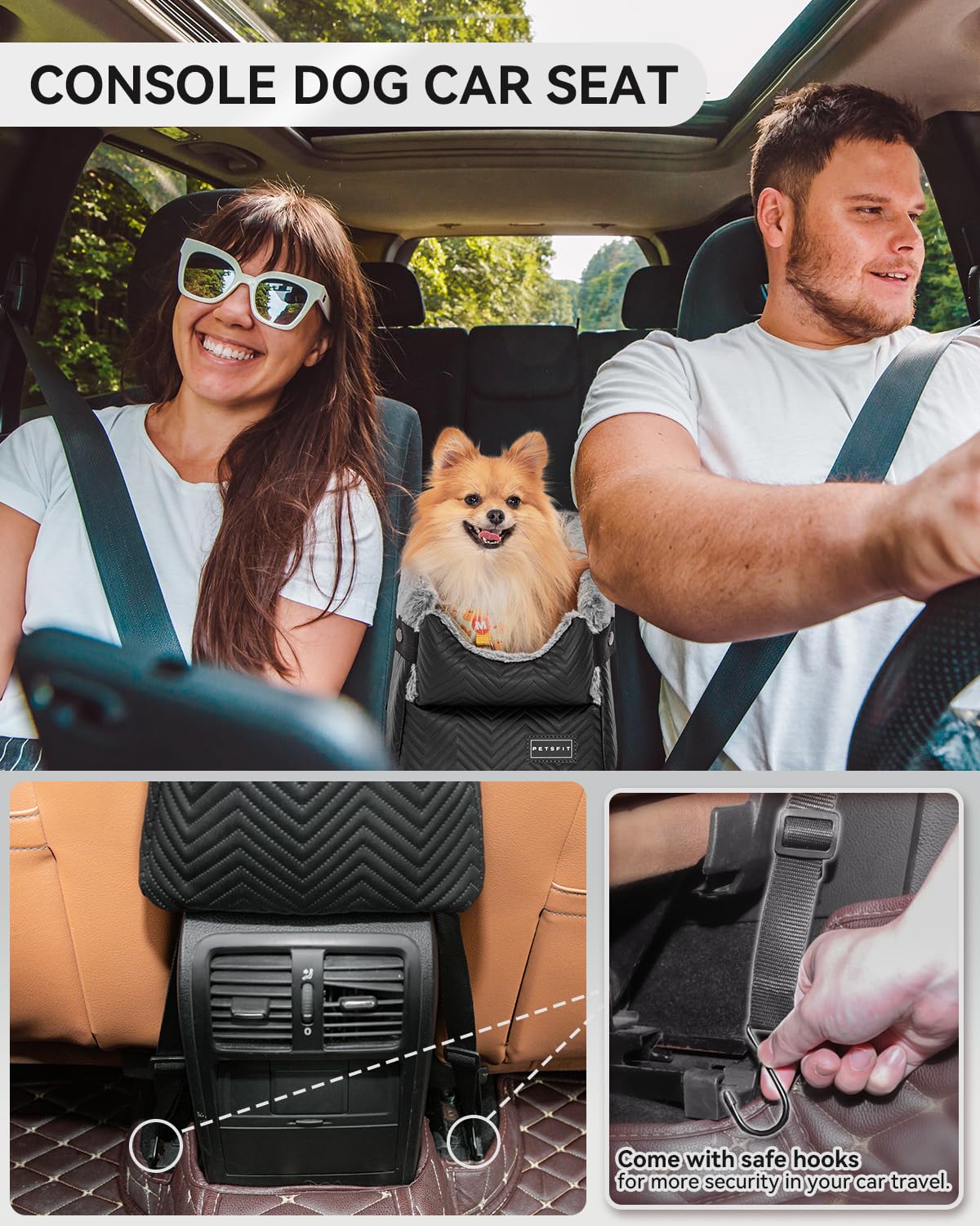 Petsfit Center Console Dog Car Seat With Safe Protection Hooks, Pet Car Seat With Upgraded Safety Tethers, Washable Cushion, Console Dog Car Seats For Small Dogs Up To 9 Lbs(Black)