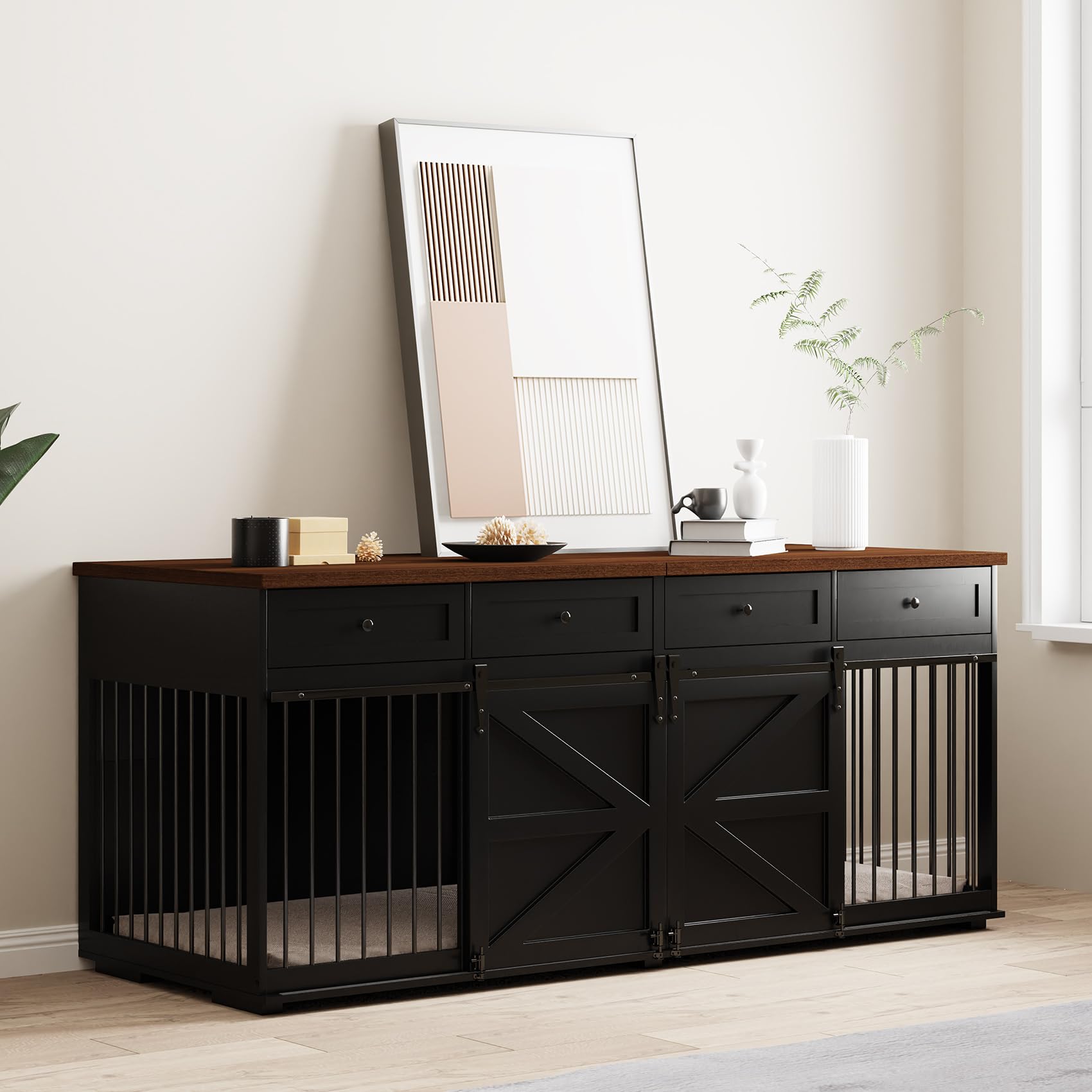 Furniture Style Dog Crate - Indoor Wooden Dog Kennel Furniture With 4 Drawers & 2 Sliding Barn Doors - For Small Medium Large Do