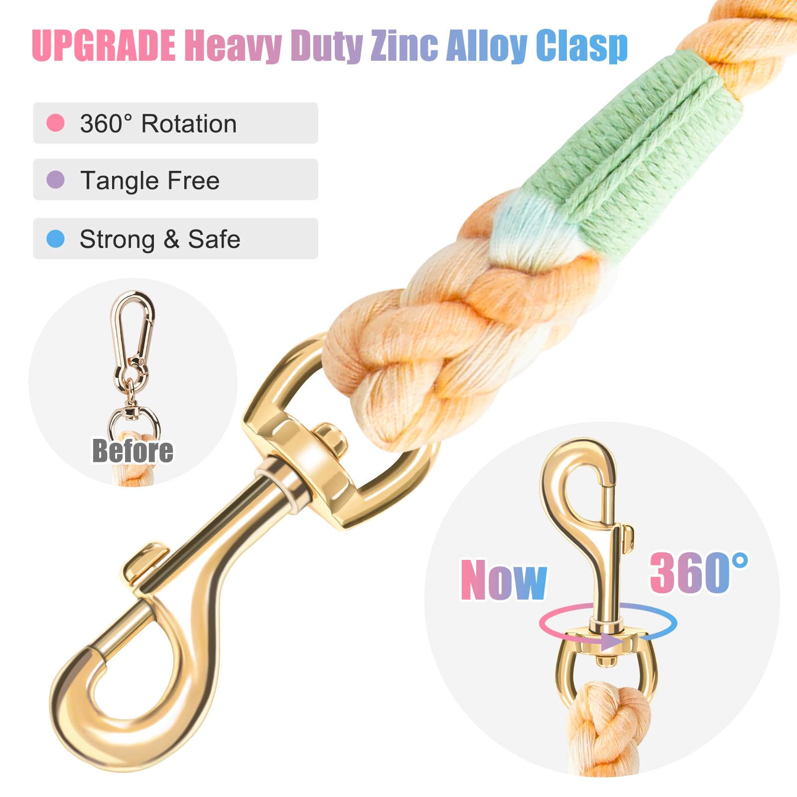NUGUTIC Handmade Braided Cotton Rope Leash with Heavy Duty Metal Clasp, Cute Wedding Dog Leash (Colorful Macaron, 6 FT)