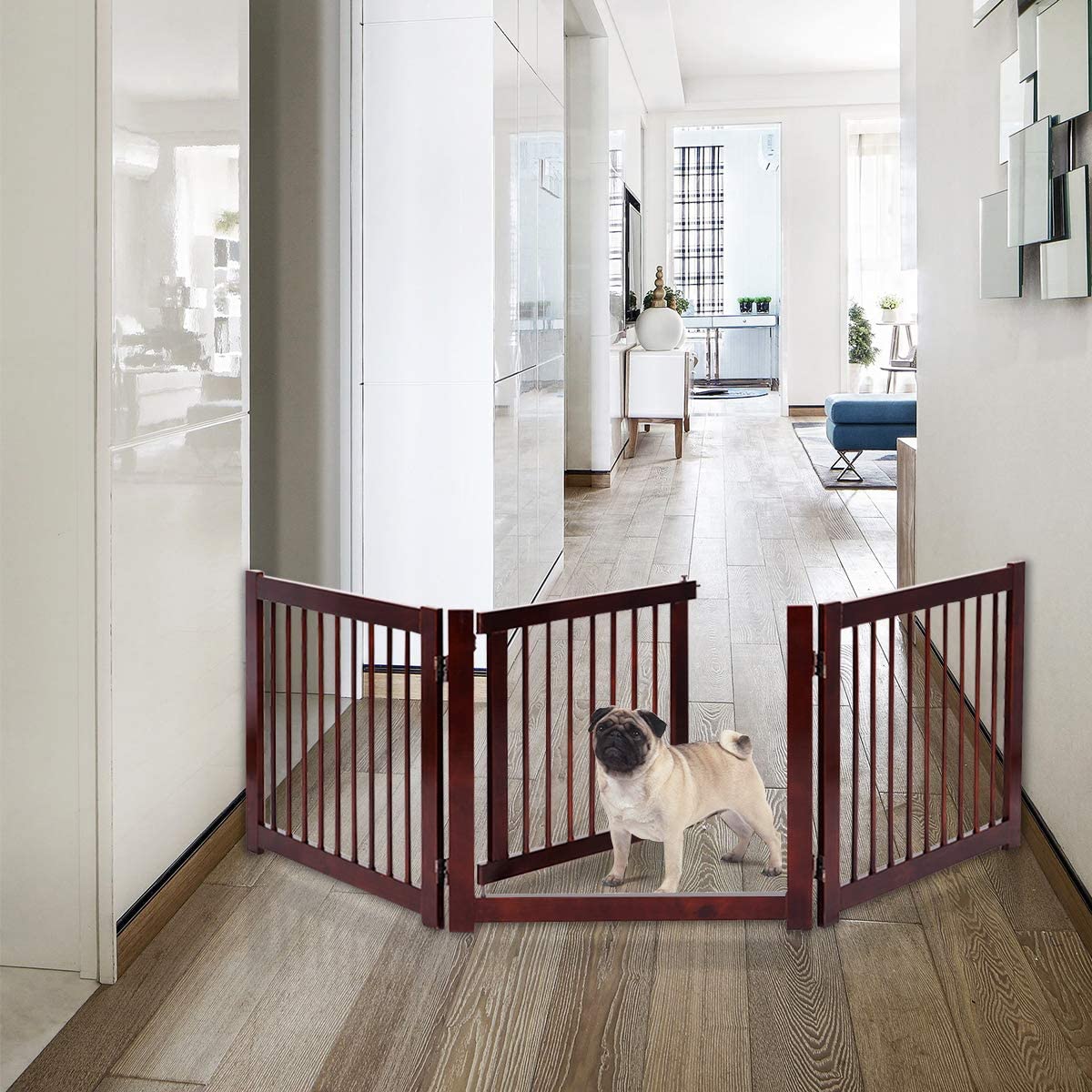 Petsite Freestanding Pet Gate With Door, 3 Panel 81 In Extra Wide Dog Gates Fence Indoor For House, Stairs, Doorways