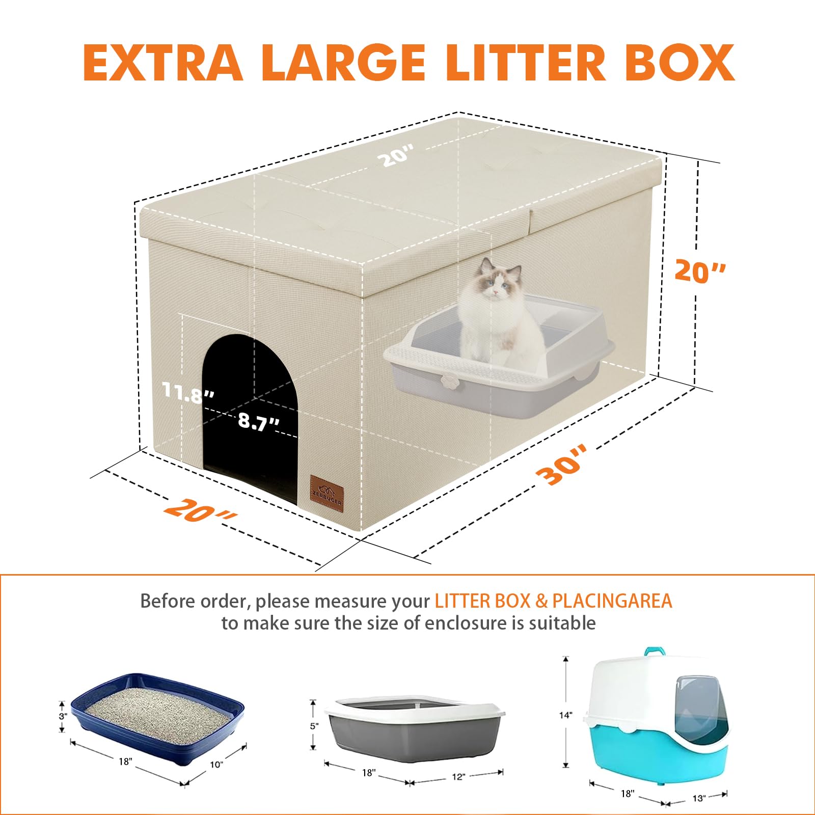 Zerbuger Cat Litter Box Enclosure, Large Cream Ottoman with Storage, Odor Control Flip-Up Lid