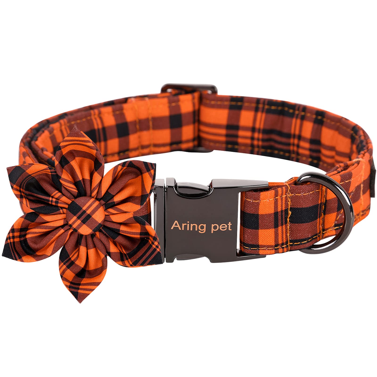 Aring Pet Dog Collar-Halloween Dog Collar With Flower, Adorable Boy And Girl Fall Orange Grid Dog Collars Gifts With Metal Buckl