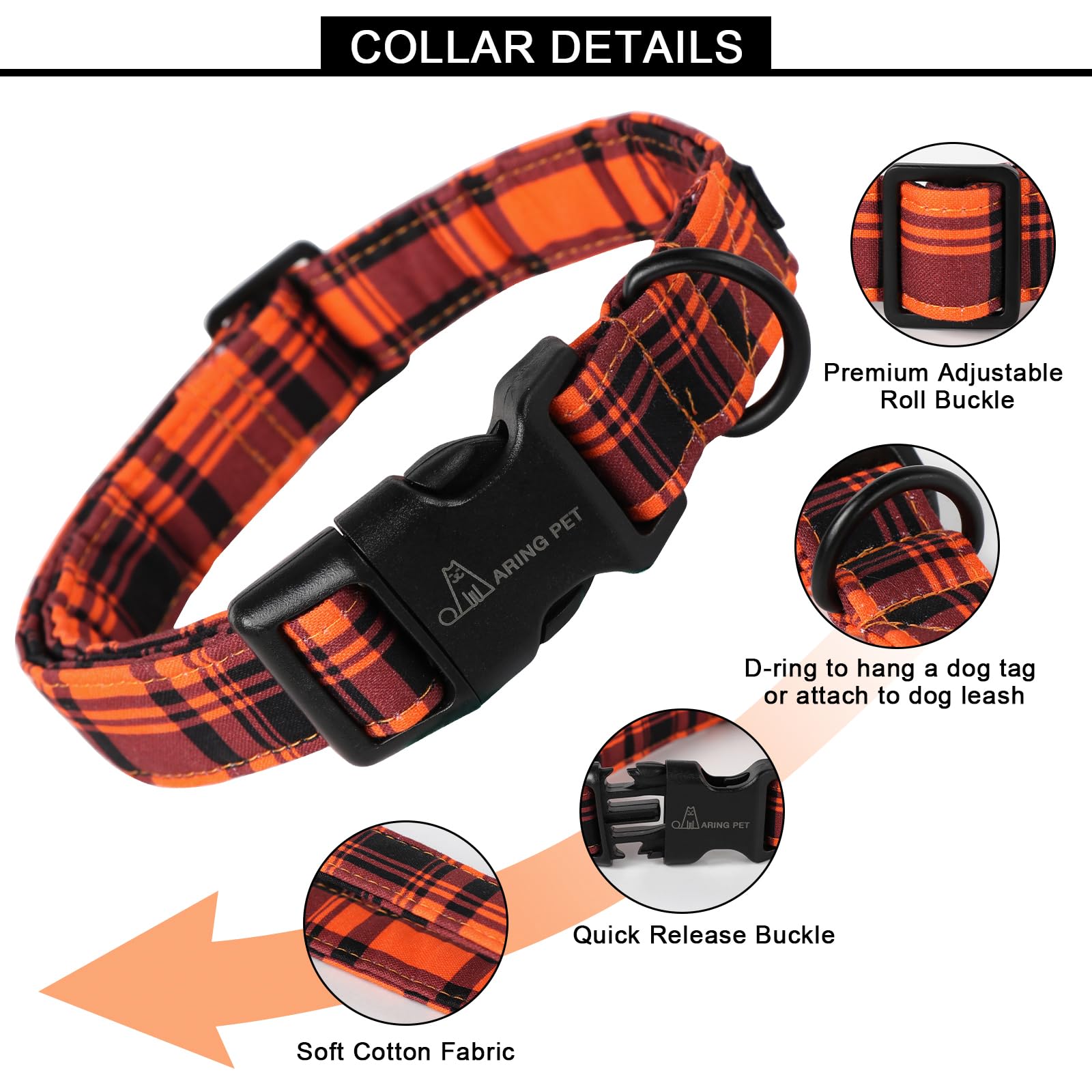 Aring Pet Halloween Dog Collar-Cute Fall Dog Collar For Small Dogs, Cotton Halloween Orange Grid Dog Collars For Small Medium La