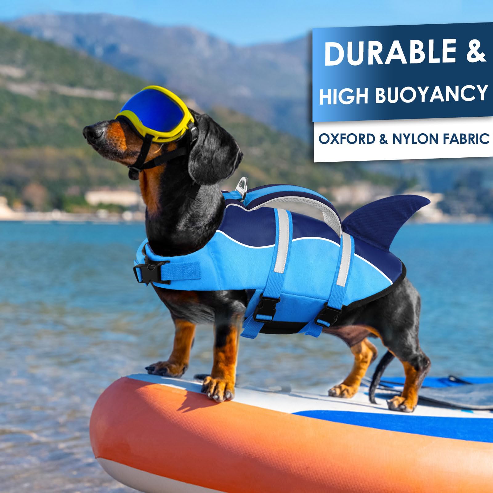 Aofitee Dog Life Jacket, Dog Life Vest For Swimming, Shark Dog Life Vest With Rescue Handle And Reflective Stripe, Ripstop Dog Lifesaver Float Coat, Dog Swimming Vest For Small Medium Large Dogs Blue