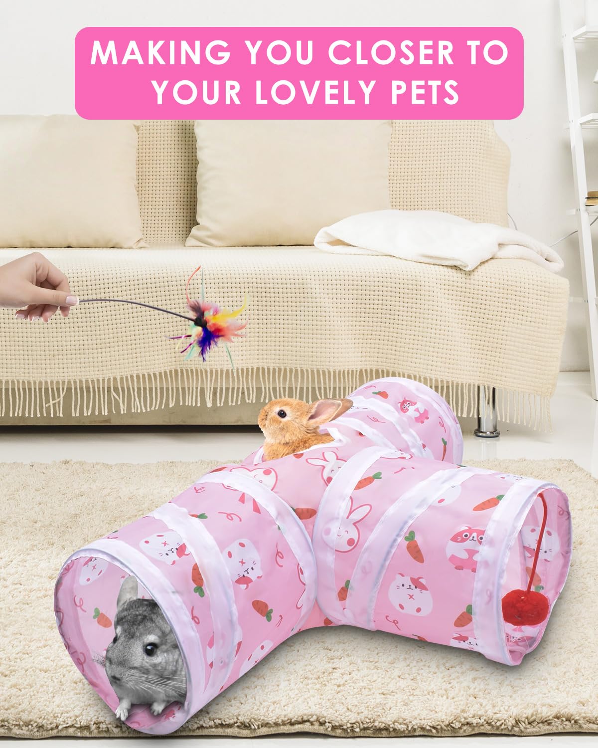 Bissap Rabbit Tunnel, 9.8' Collapsible Bunny Tunnel And Tube 3 Ways Pet Hideout With 1 Play Ball For Indoor Kittens Dwarf Rabbi