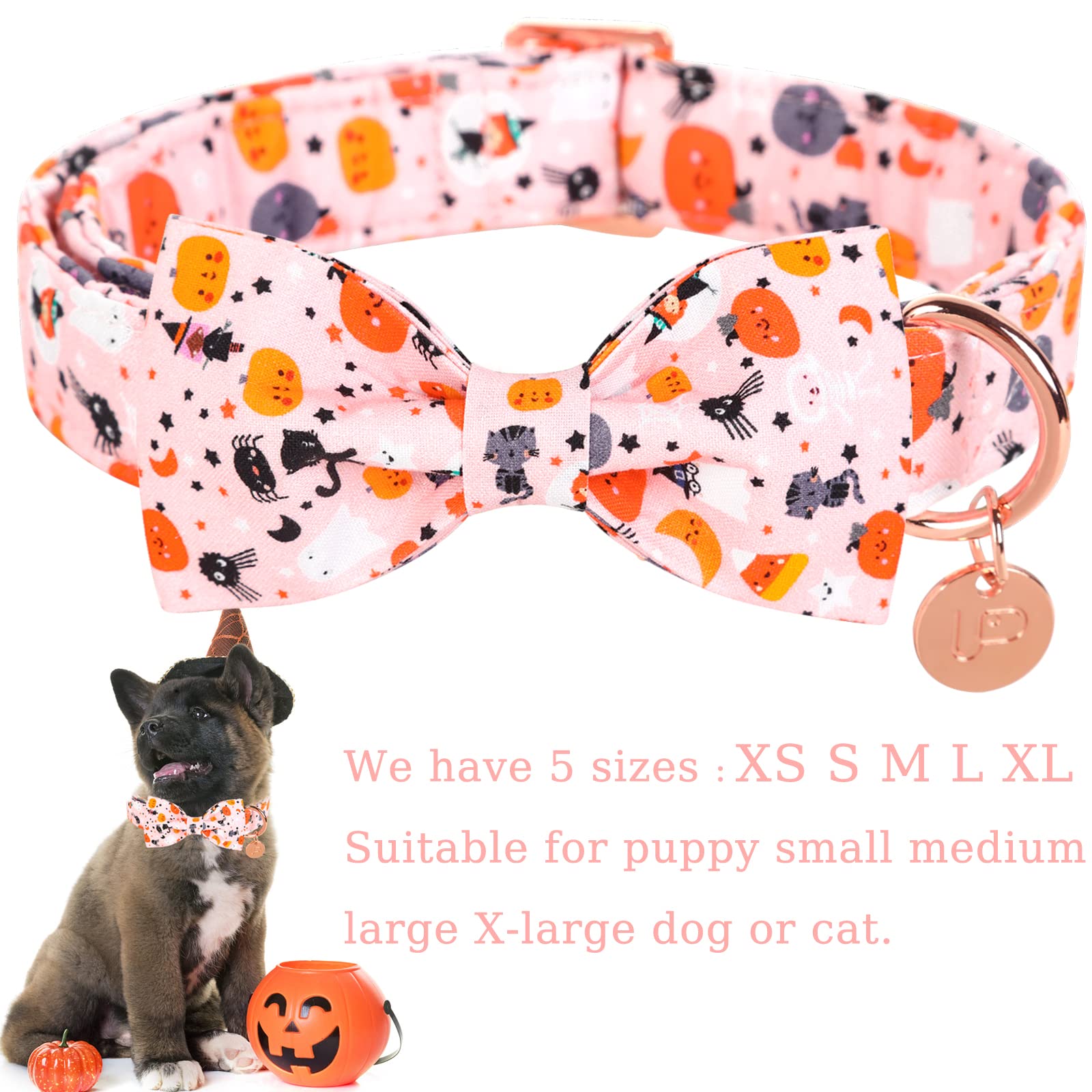 Up Urara Pup Halloween Dog Collar With Bow Tie, Pumpkin Cotton Bowtie Collar For Small Girl Dog, Female Halloween Bow Tie Collar With Durable Metal Buckle, Adorable Pet Collar, S, Neck 10-16In