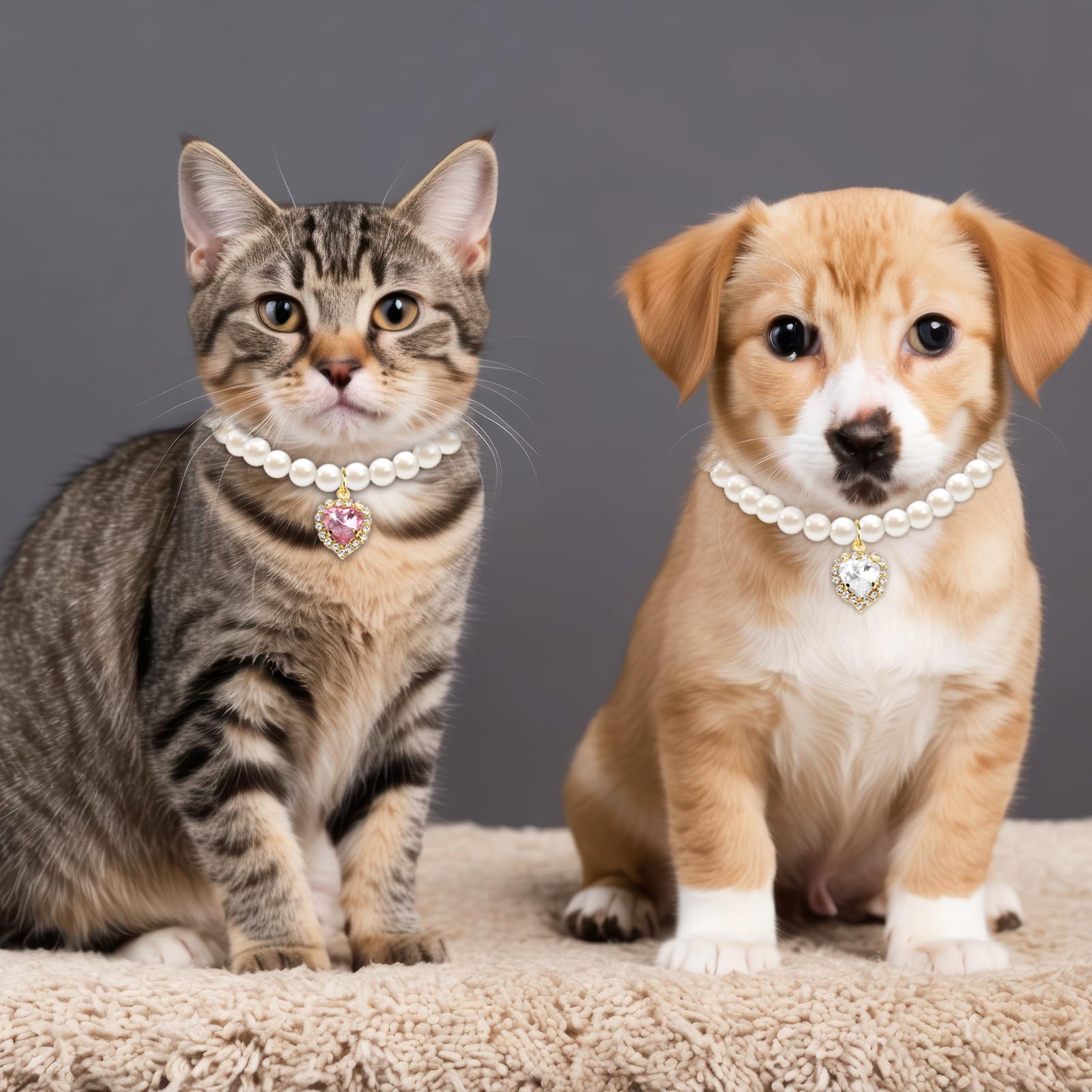 Tyqour 2Pcs Cute Girl Cat Collar, Fancy Dog Pearl Necklace Collars Adjustable Pearl Dog Cats Collars With Small Heart Shape Rhin