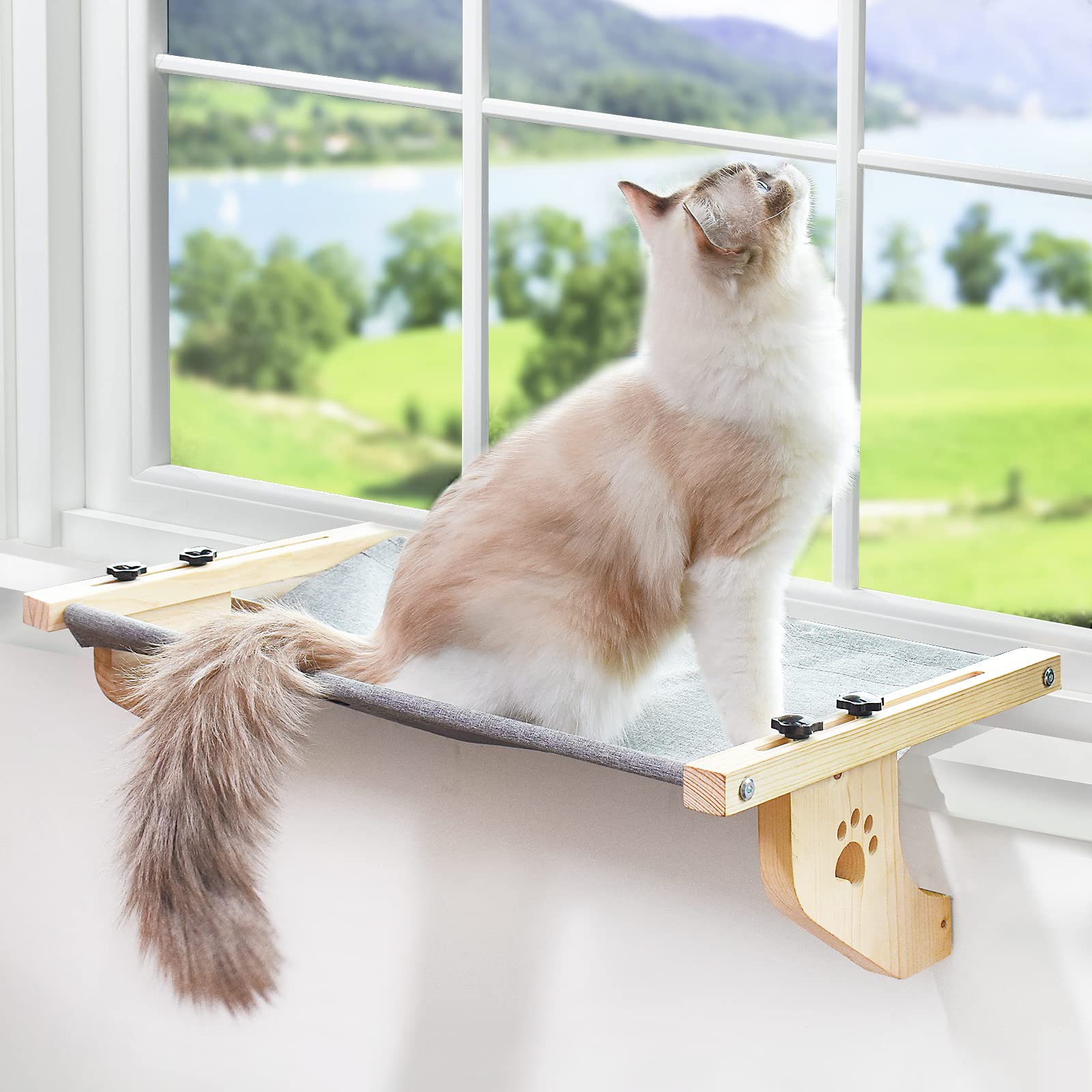 AMOSIJOY Cat Sill Window Perch Sturdy Cat Hammock Window Seat with Wood & Metal Frame for Large Cats, Easy to Adjust Cat Bed for Windowsill, Bedside, Drawer and Cabinet -Like New