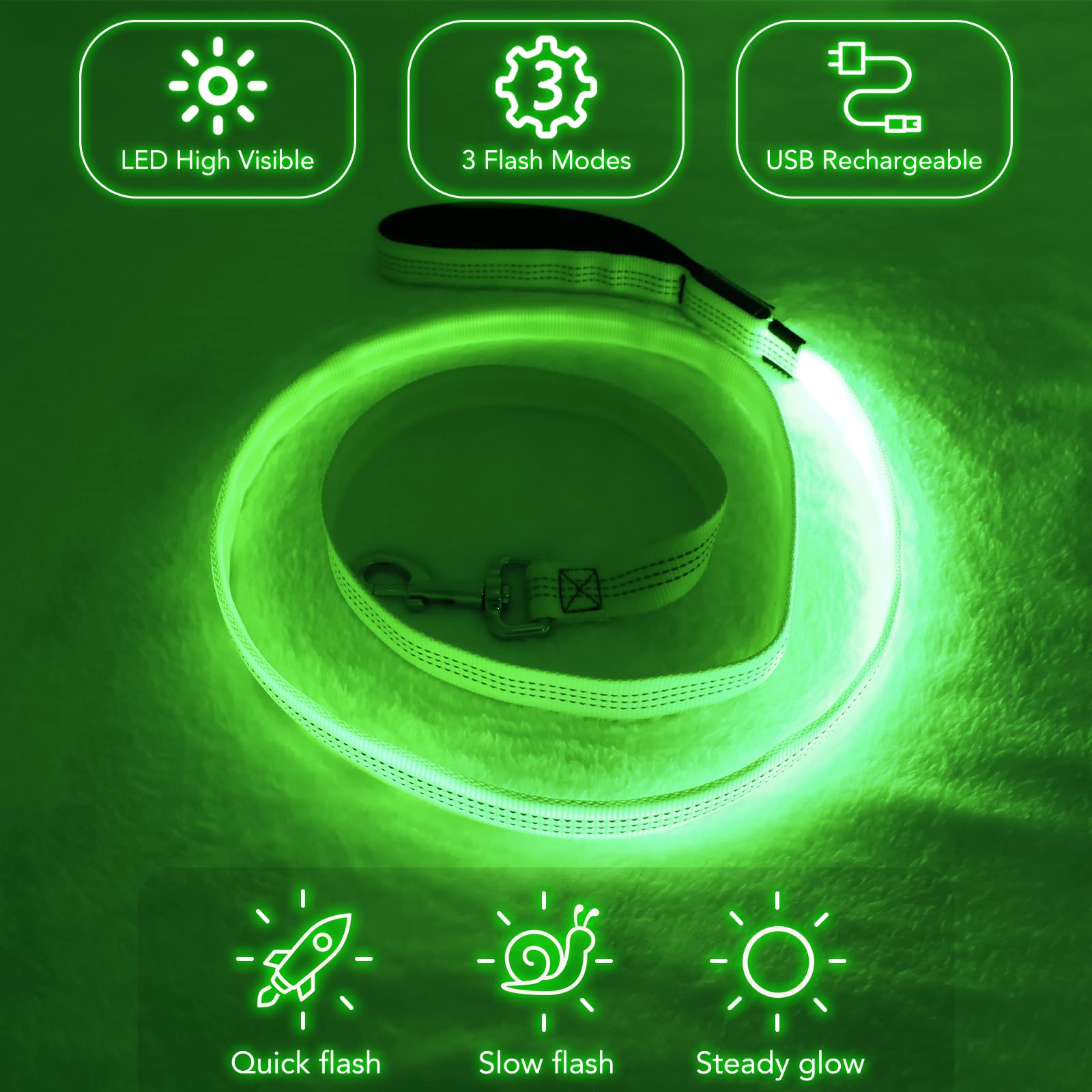 Colaseeme Light Up Dog Leash, 4FT LED Pet Leashes Micro USB Rechargeable, Nylon Glow Safety Dogs Lights at Night (Green & Reflec