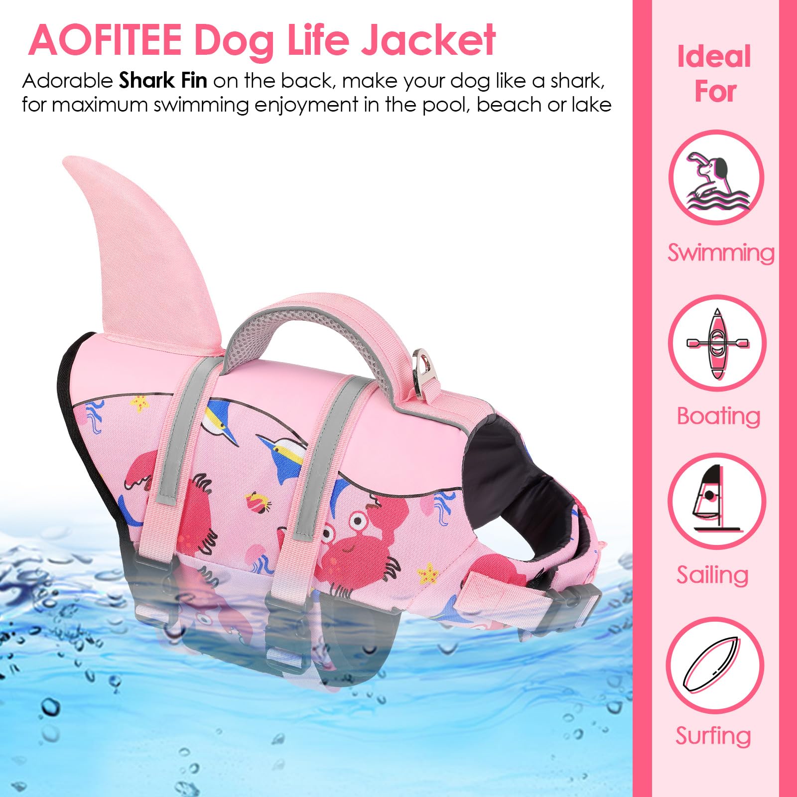 Aofitee Dog Life Jacket, Dog Life Vest For Swimming, Shark Dogs Swimming Vest With Rescue Handle And Reflective Stripe, Ripstop