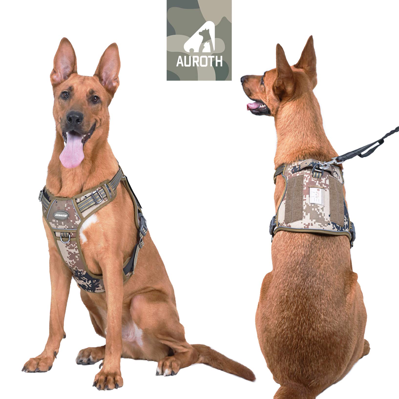Auroth Tactical Dog Harness For Large Dogs No Pull Adjustable Pet Harness Reflective K9 Working Training Easy Control Pet Vest Military Service Dog Harnesses Desert Camo Xl