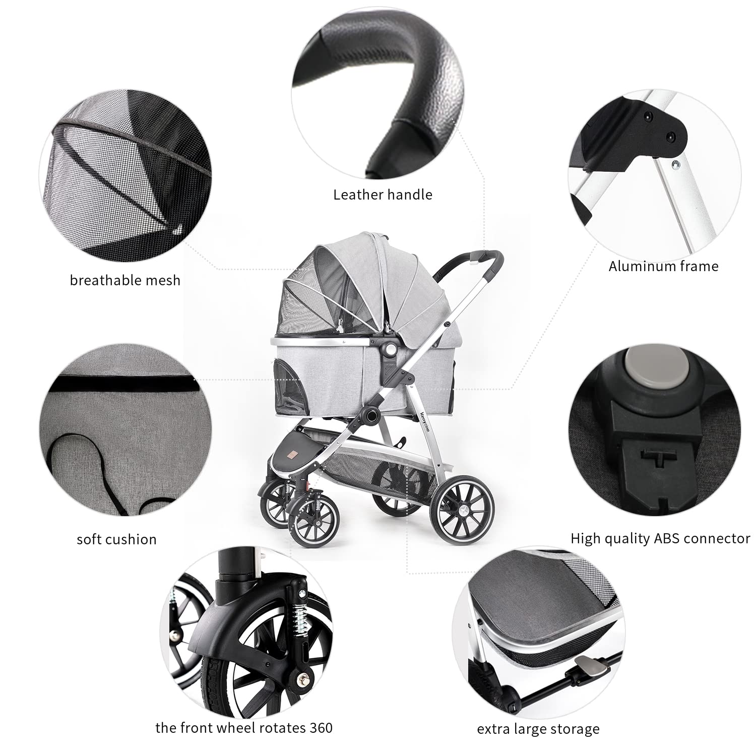 Kenyone Pet Stroller, 3 in 1 Multifunction Pet Travel System 4 Wheels Foldable Aluminum Alloy Frame Carriage for Small Medium Do