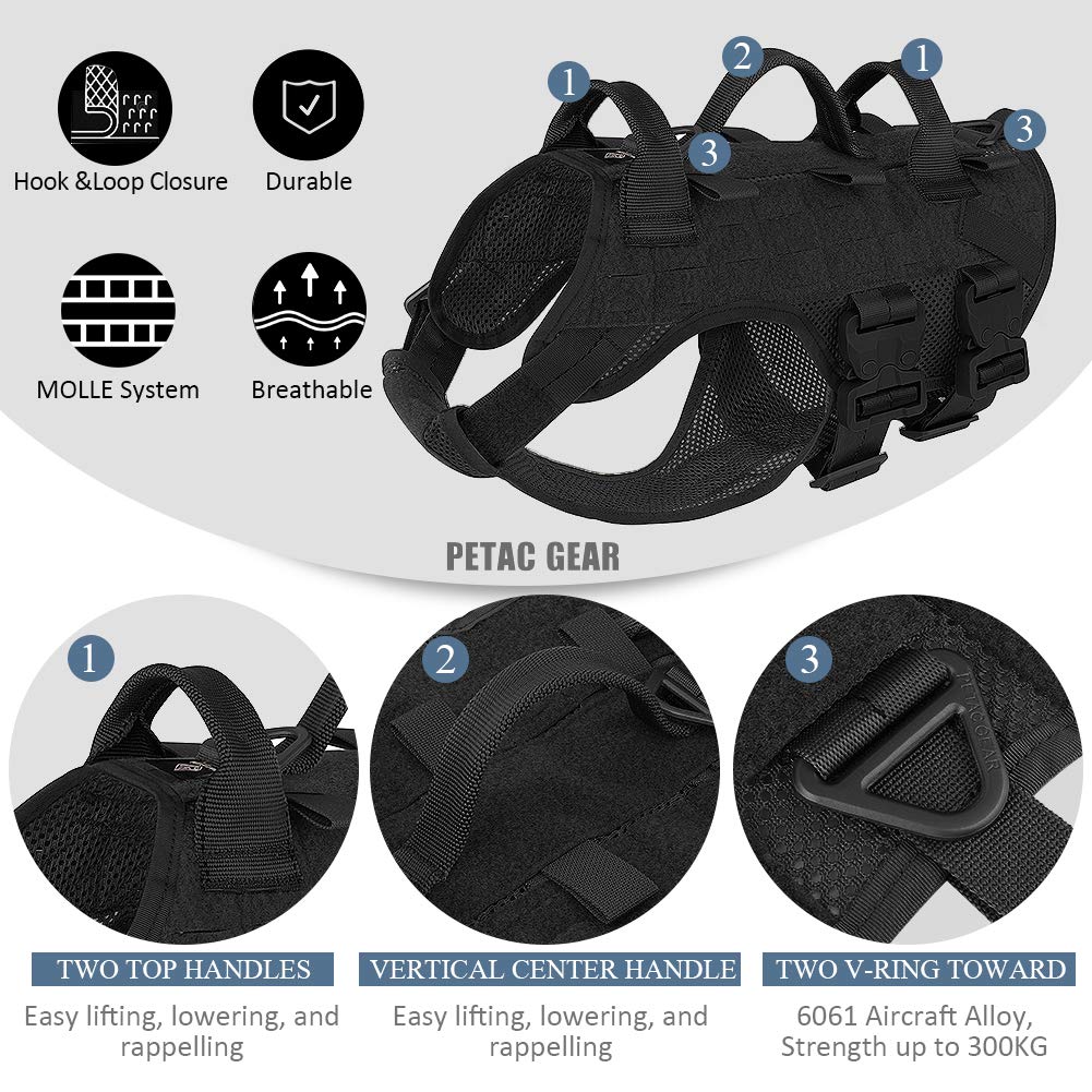Petac Gear Tactical Dog Harness No Pull For Large Working Dogs Military Dogs Vest Police Service Training Dogs Molle Harnesses With Handle ??(Bk, L)