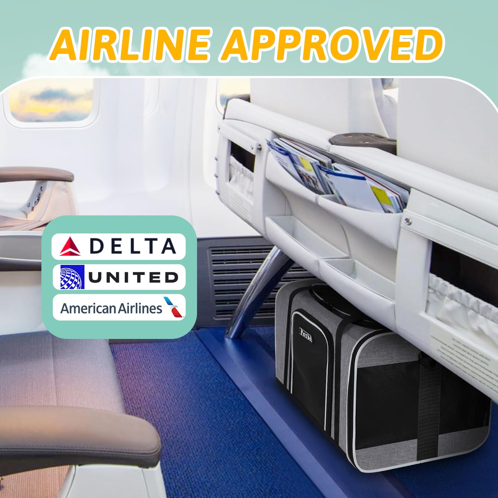 Petskd Pet Carrier 17X11X10.5 Delta American United Airline Approved, Pet Travel Carrier Bag For Small Cats And Dogs, Cat Soft Sided Carrier With Safety Lock Zippers, 5-Sided Breathable Mesh(Grey)