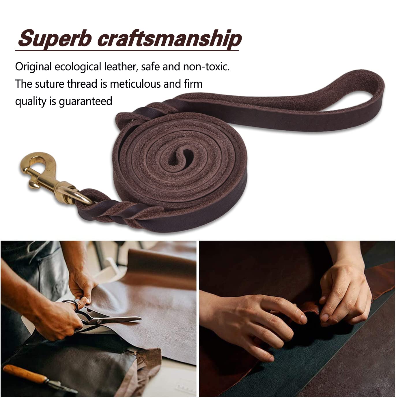 LWBMG Leather Dog Leash, Heavy Duty 6 ft x 1/2 inch, Soft Brown Braided Leash for Medium & Small Dogs Training