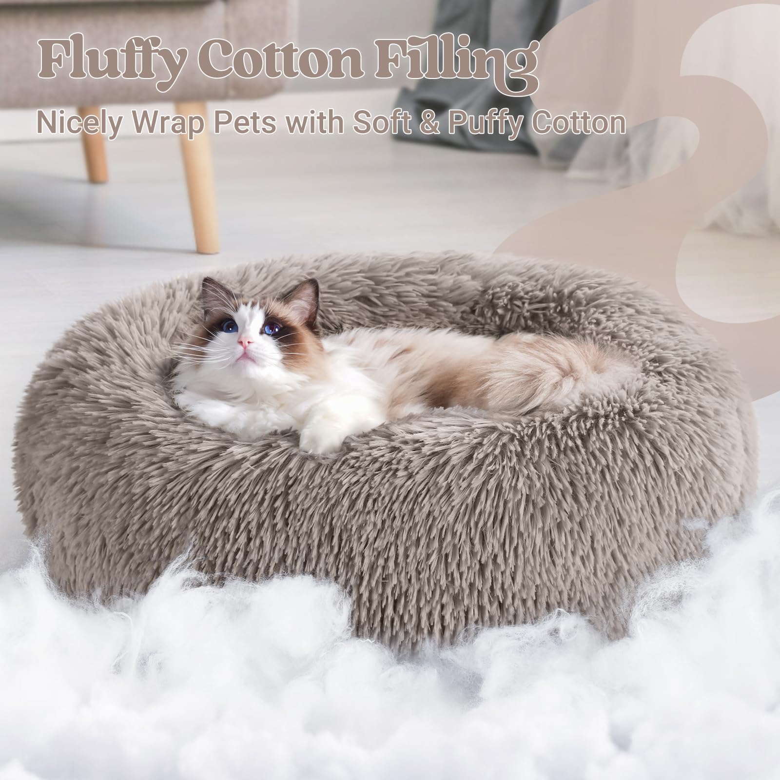 Rabbitgoo Cat Beds For Indoor, 20 Inches Machine Washable, Fluffy Round Pet Bed Non-Slip, Calming Soft Plush Donut Cuddler Cushi
