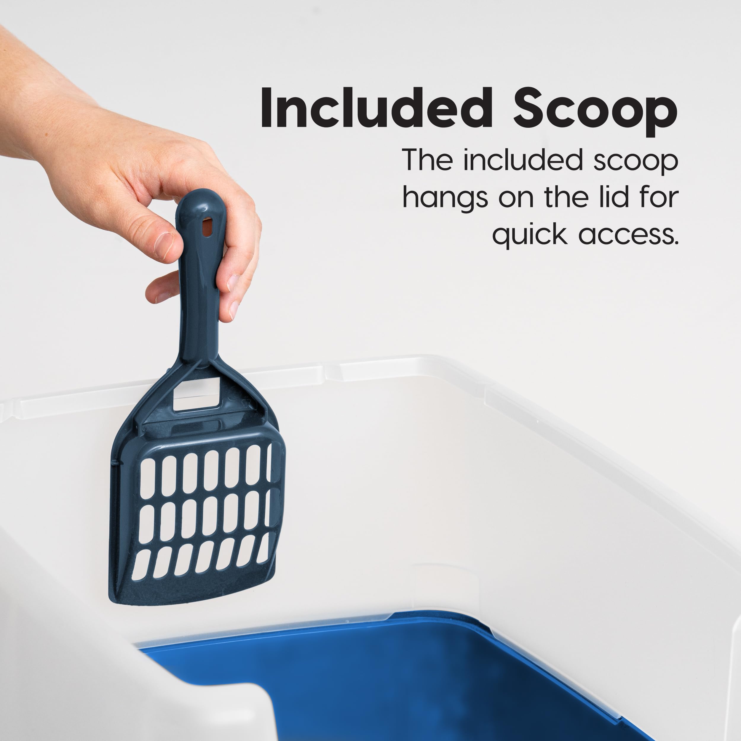 Iris Usa Large Cat Litter Box With Scatter Shield And Scoop, Open Top High Sided Cat Litter Pan, Blue