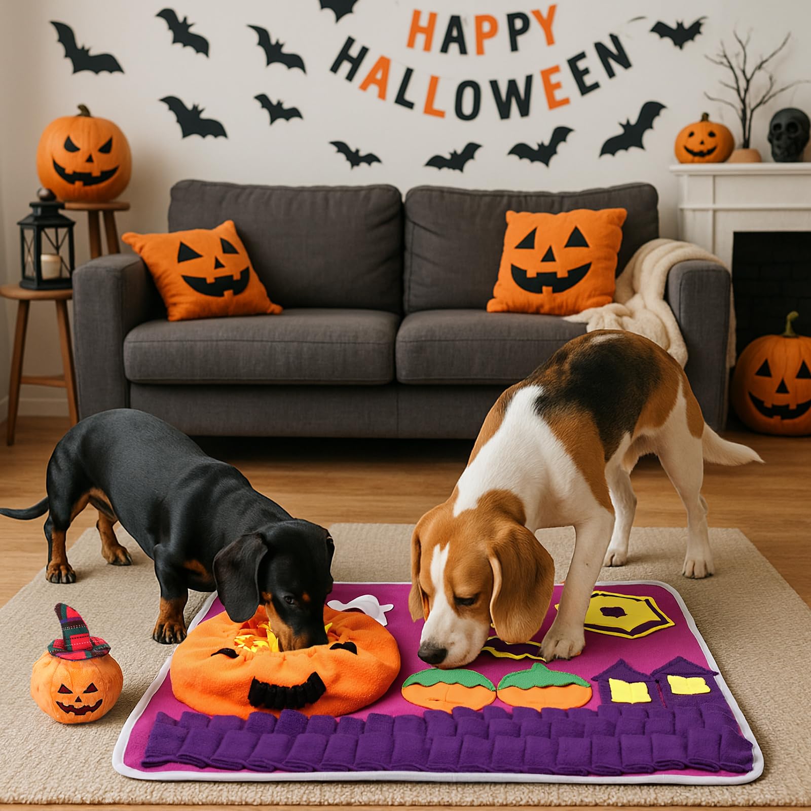 Skylety Halloween Snuffle Mat for Dogs Pumpkin Squeaky Plush Dog Toys Witch Bat Feeding Mat Hide Seek for Small to Large Dogs In