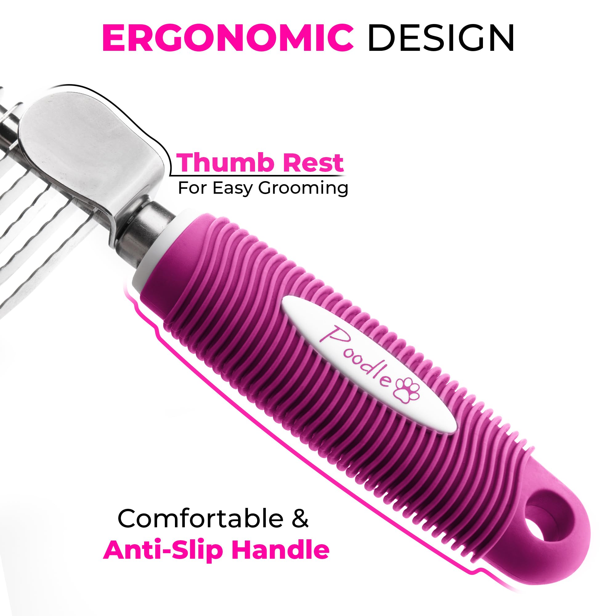 Poodle Pet Dematting Fur Rake Comb Brush Tool - Dog And Cat Comb With Long 2.5 Inches Steel Safety Blades For Detangling Matted Or Knotted Undercoat Hair (Pink, Dematting Comb)