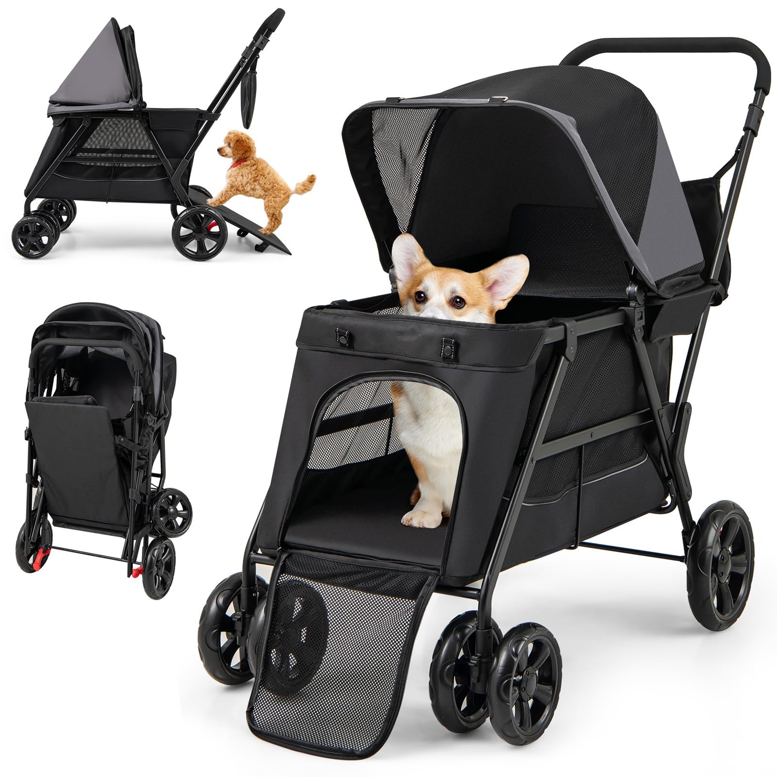 Giantex Dog Stroller With Low Entry & Ramp Access, Cat Stroller With Lockable & Shock-Absorbing All-Terrain Wheels, Folding Pet 