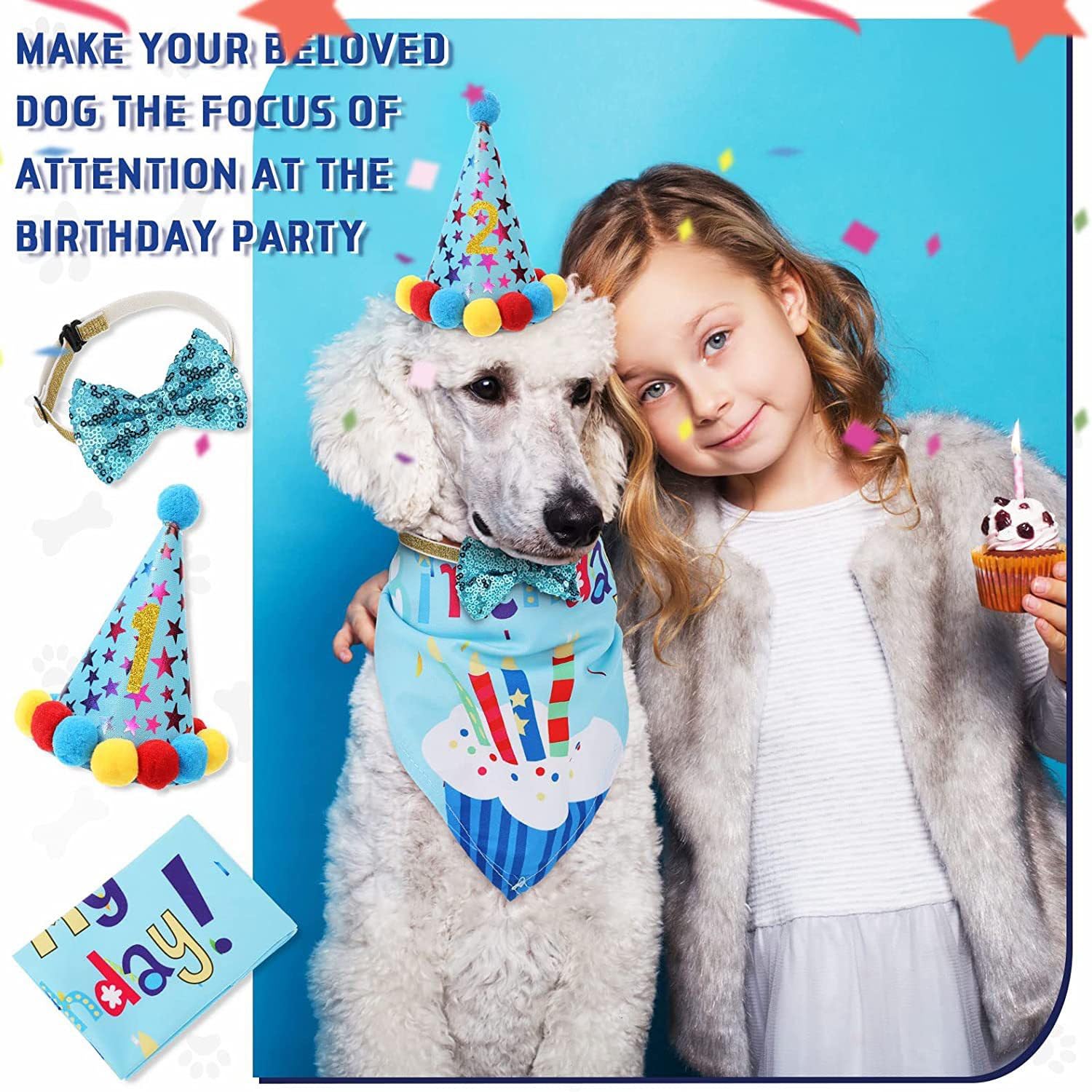 Agirlvct Dog Boy Birthday Party Supplies,Birthday Hat,Bow Tie, Bandana, Banner,Puppy Pet Theme Birthday Decorations Suit for Gol