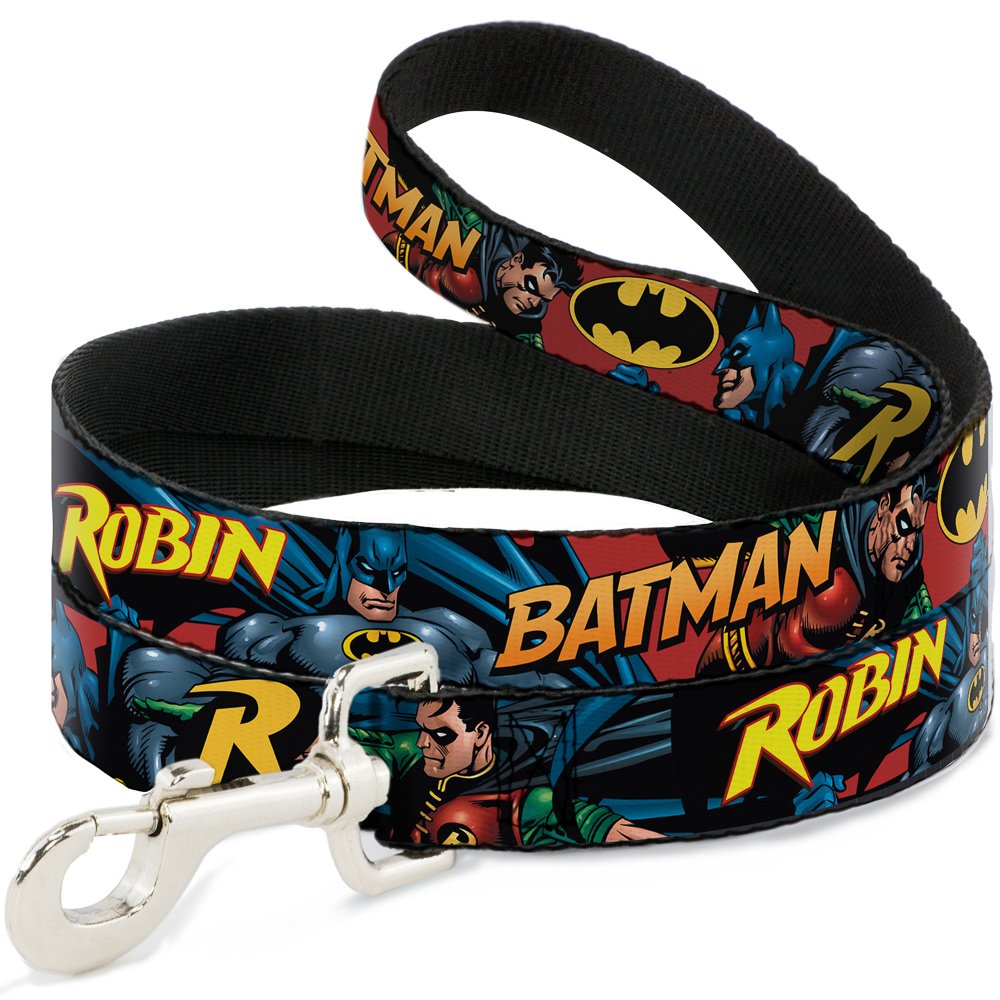 Dog Leash Batman Robin In Action Text Burgundy 6 Feet Long 0.5 Inch Wide
