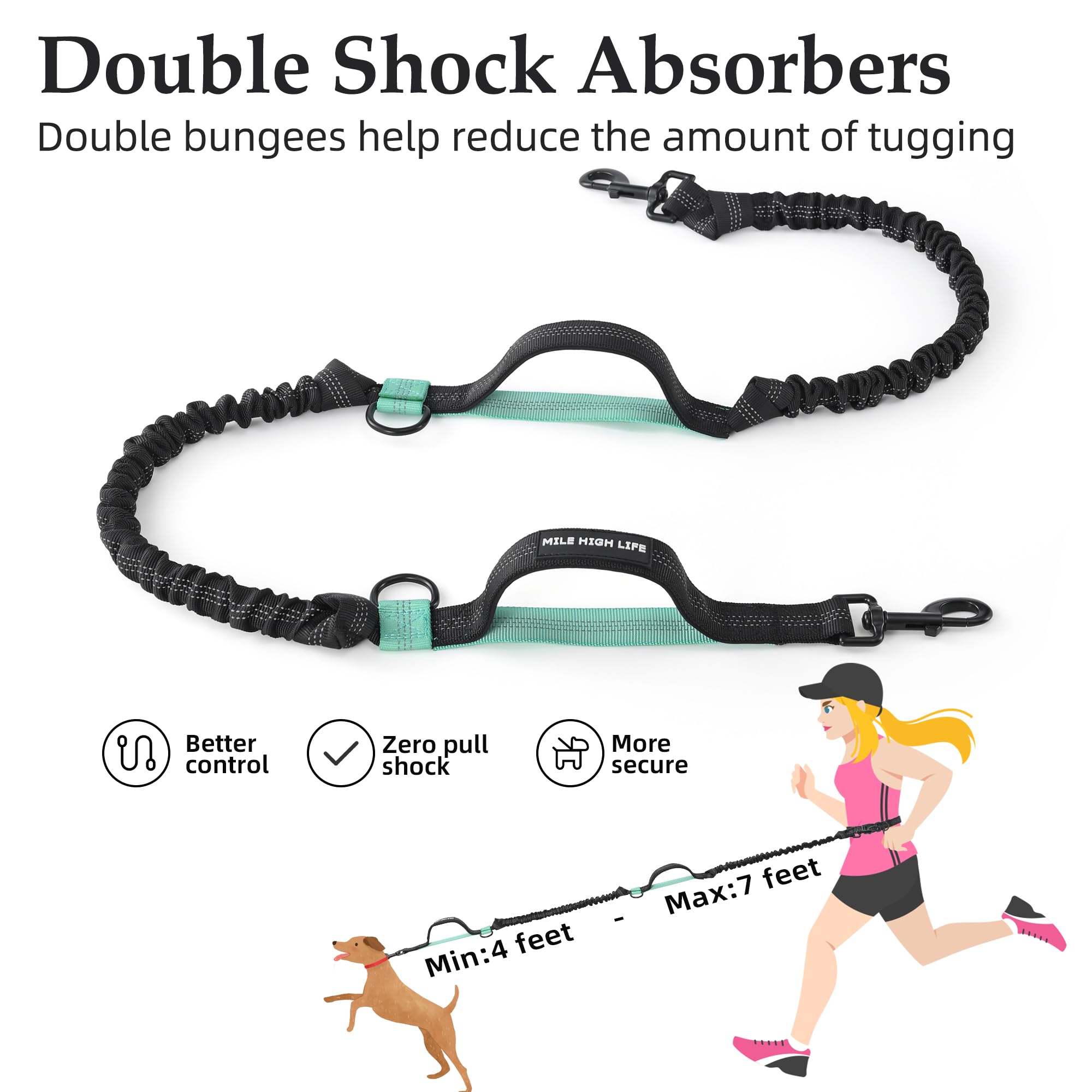 Mile High Life Hands Free Waist Leash For Dog Running Training And Jogging, Adjustable Belt With Double Handle, Reflective Bunge