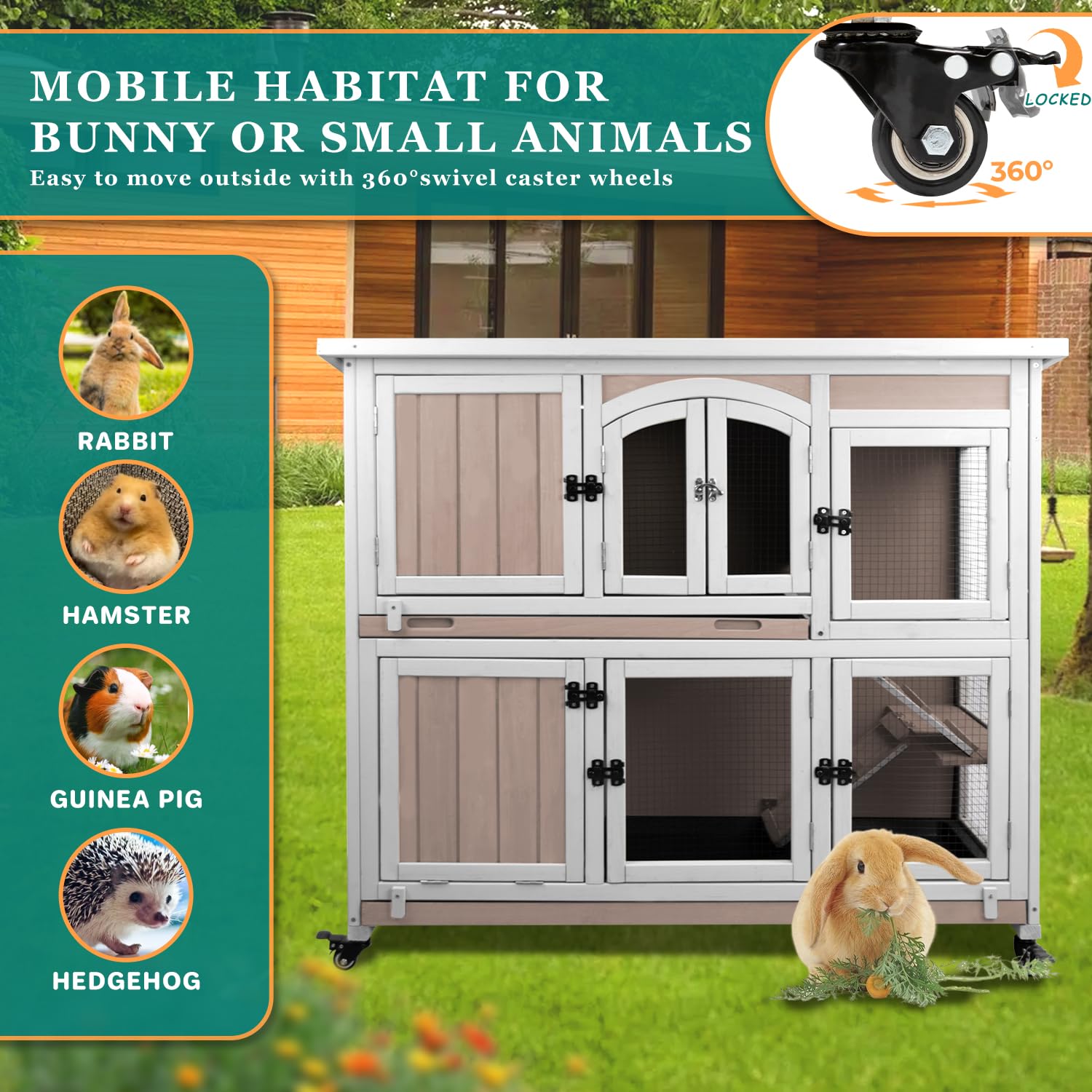 Rabbit Hutch Indoor And Outdoor 2-Story Rabbit Cage With Pull Out Tray,Fir Wood Pet House With Wooden Ramp,Waterproof Bunny Cage