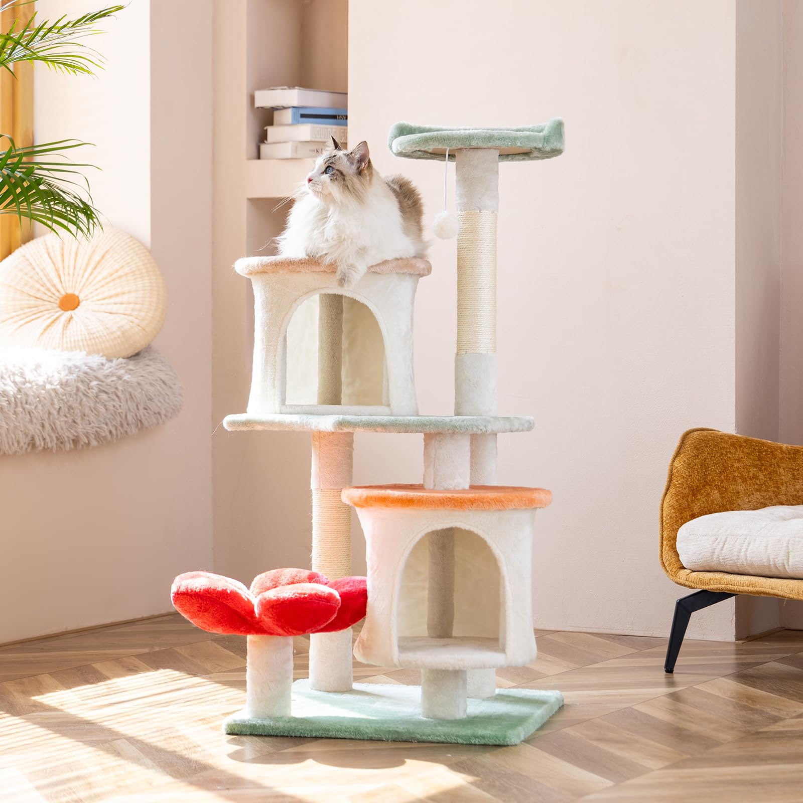 Hyabi 42.7 Inch Flower Cat Tree Tower Condo Furniture Apartment Plush Habitat Kitten Amusement Platform Multi-Level With Scratch
