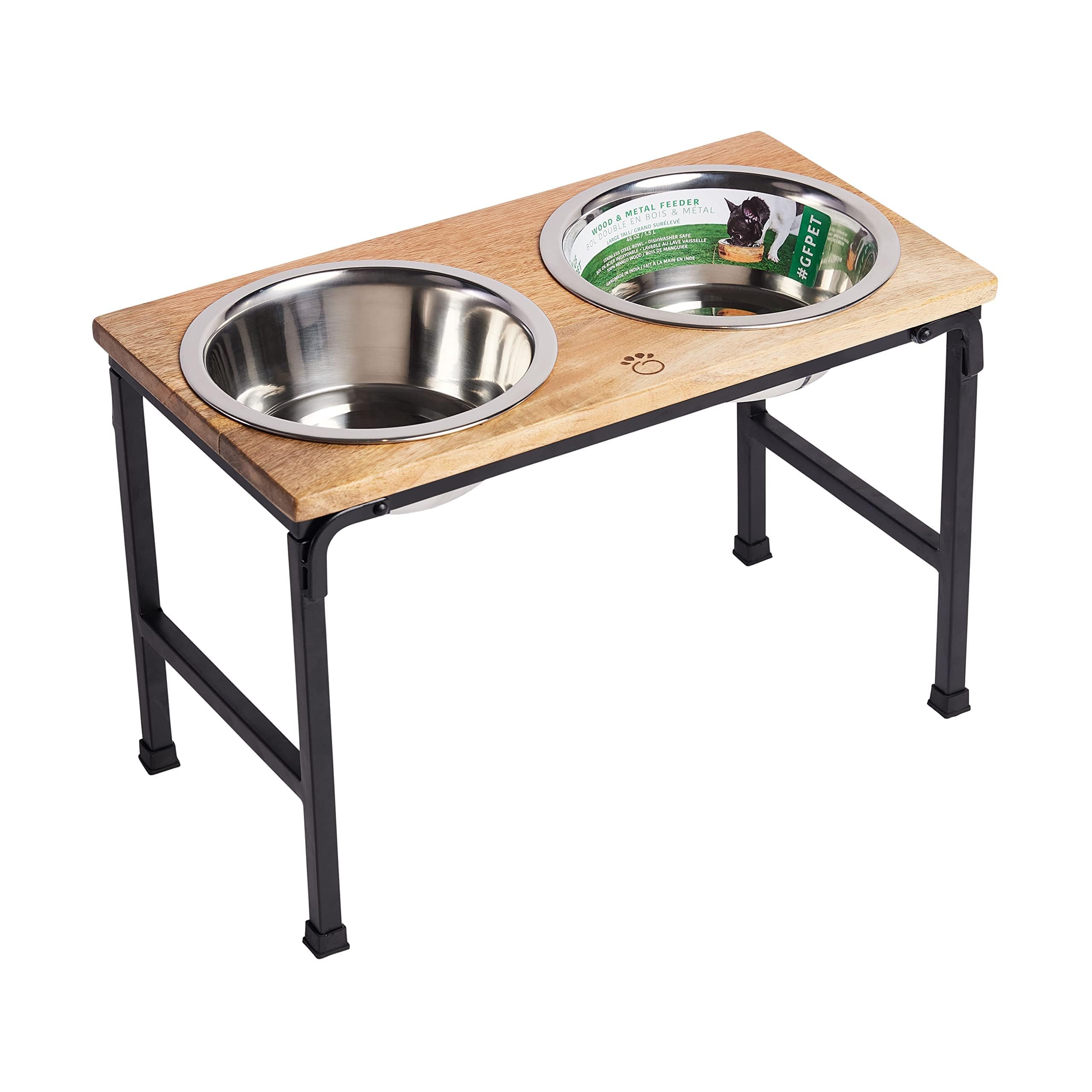 GF Pet WOOD & METAL FEEDER - Premium Mango Wood Feeder with Metal Stand, 2 Stainless Steel Bowls for Food or Water included, Per