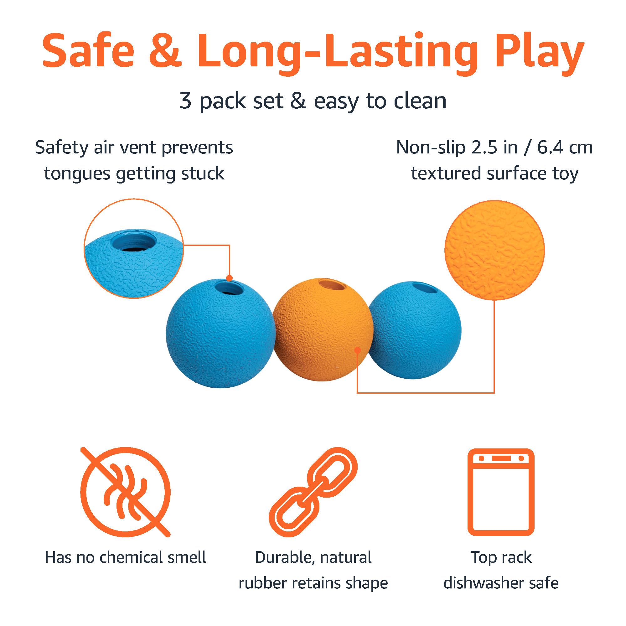 Amazon Basics Interactive Fetch Rubber Balls, 2.5 Inch, Pack of 3, Blue/Orange, Durable Rubber Toys