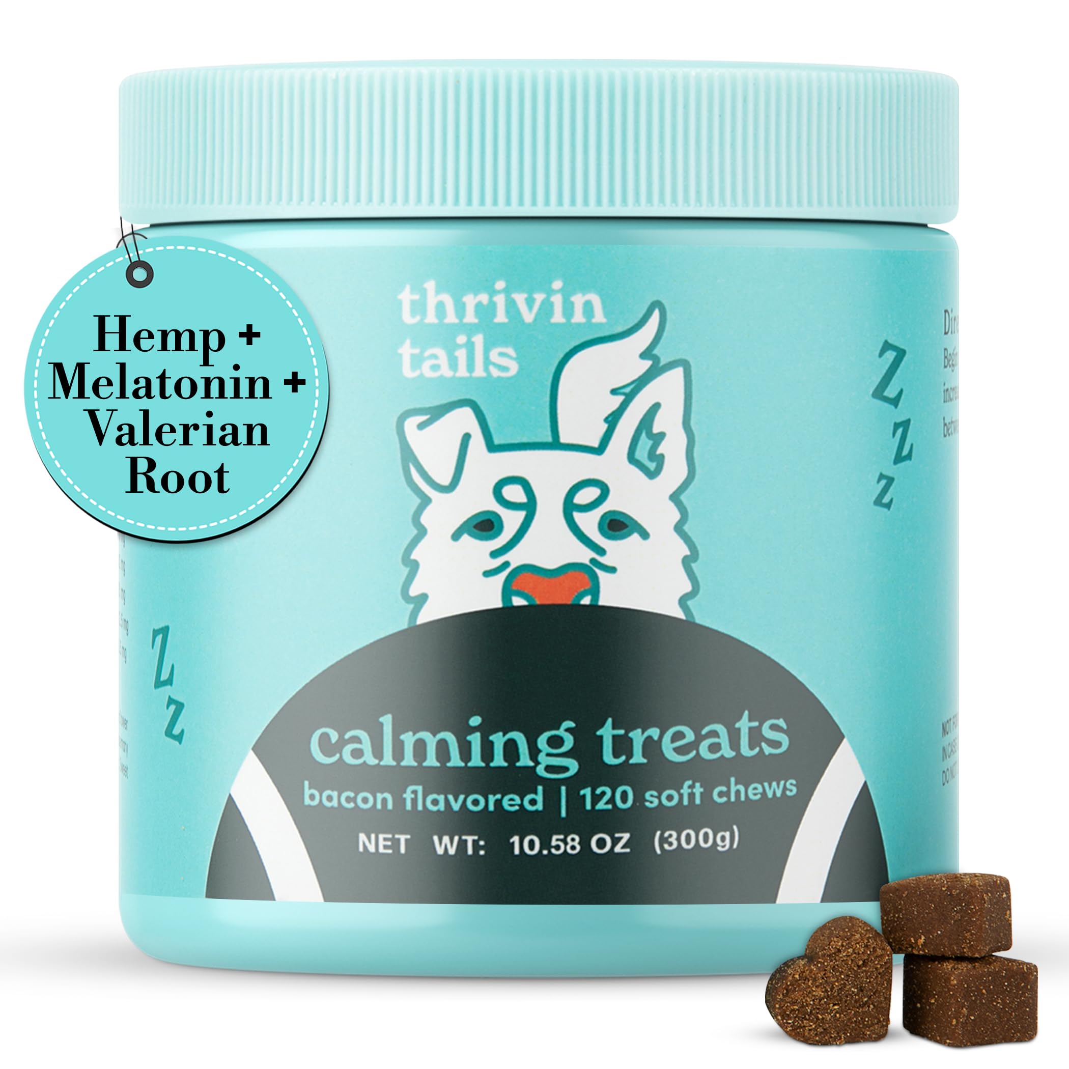 Thrivin Tails Bacon-Flavored Calming Chews for Dogs: Melatonin Dog Anxiety Relief Treats, Perfect Sleep Aid, Stress Relief Durin